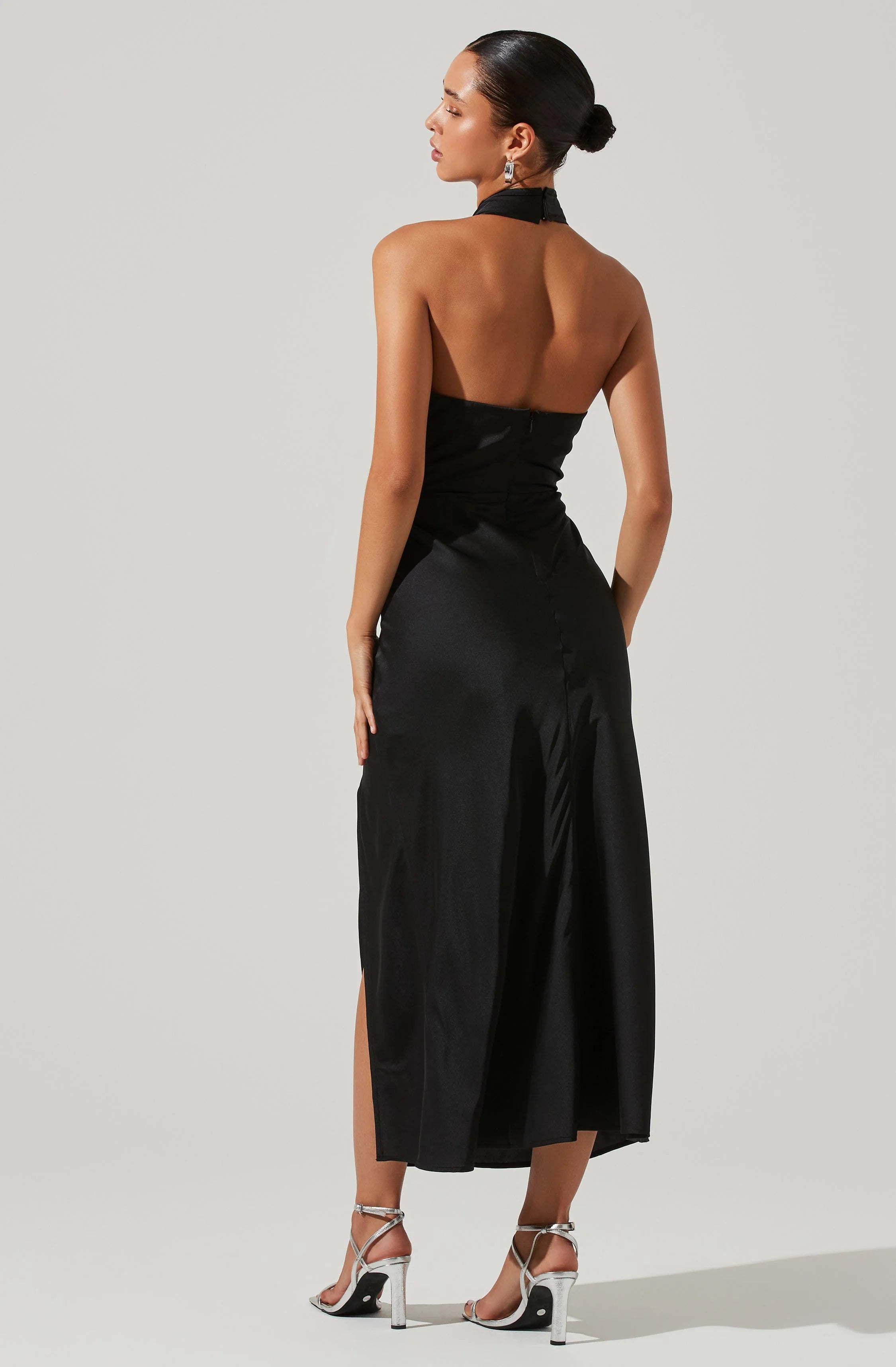 Caprice Satin Halter Neck Midi Dress BLACK