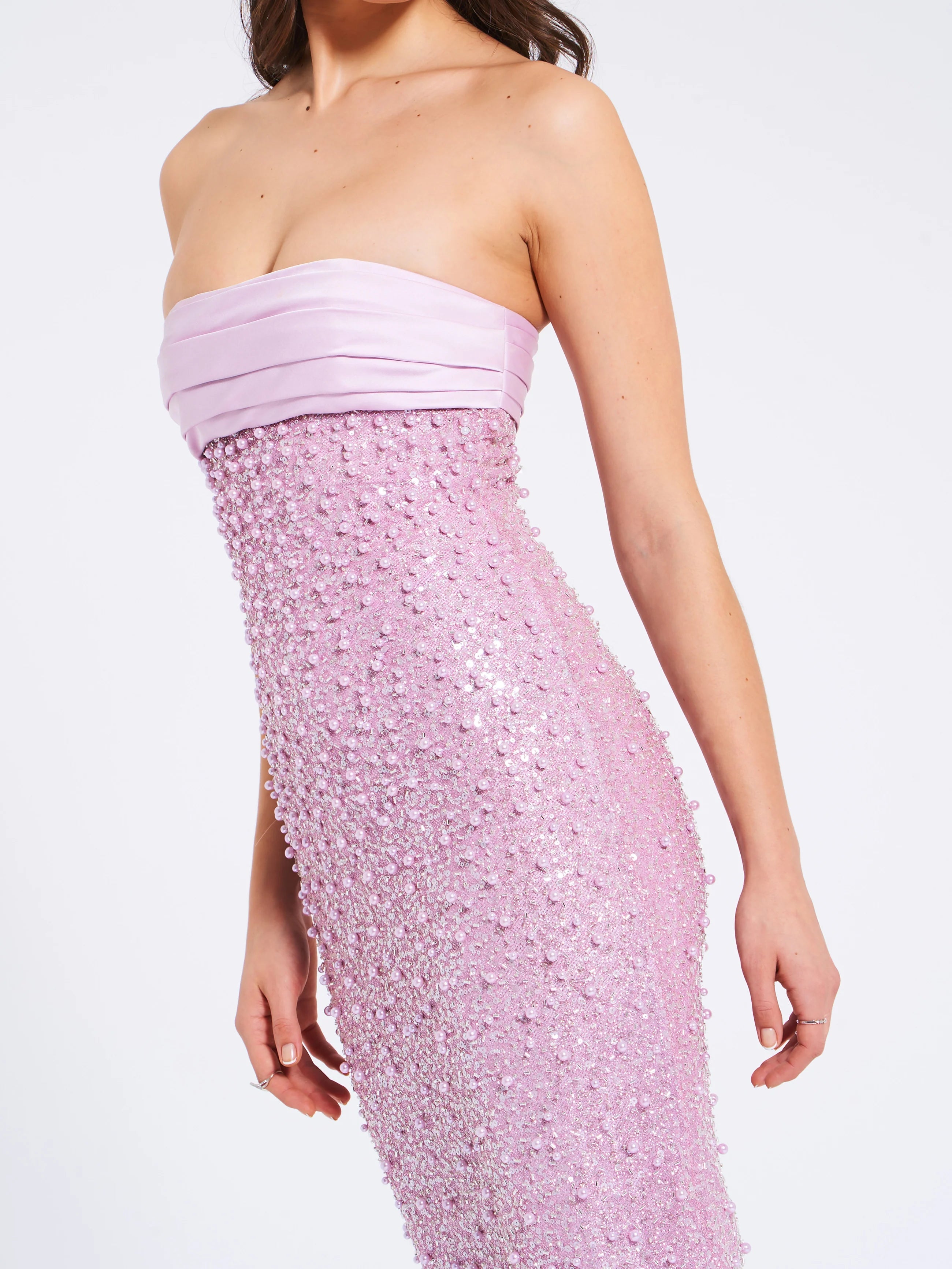 Léonora Purple Satin Sequin Pearls Beaded Maxi Dress