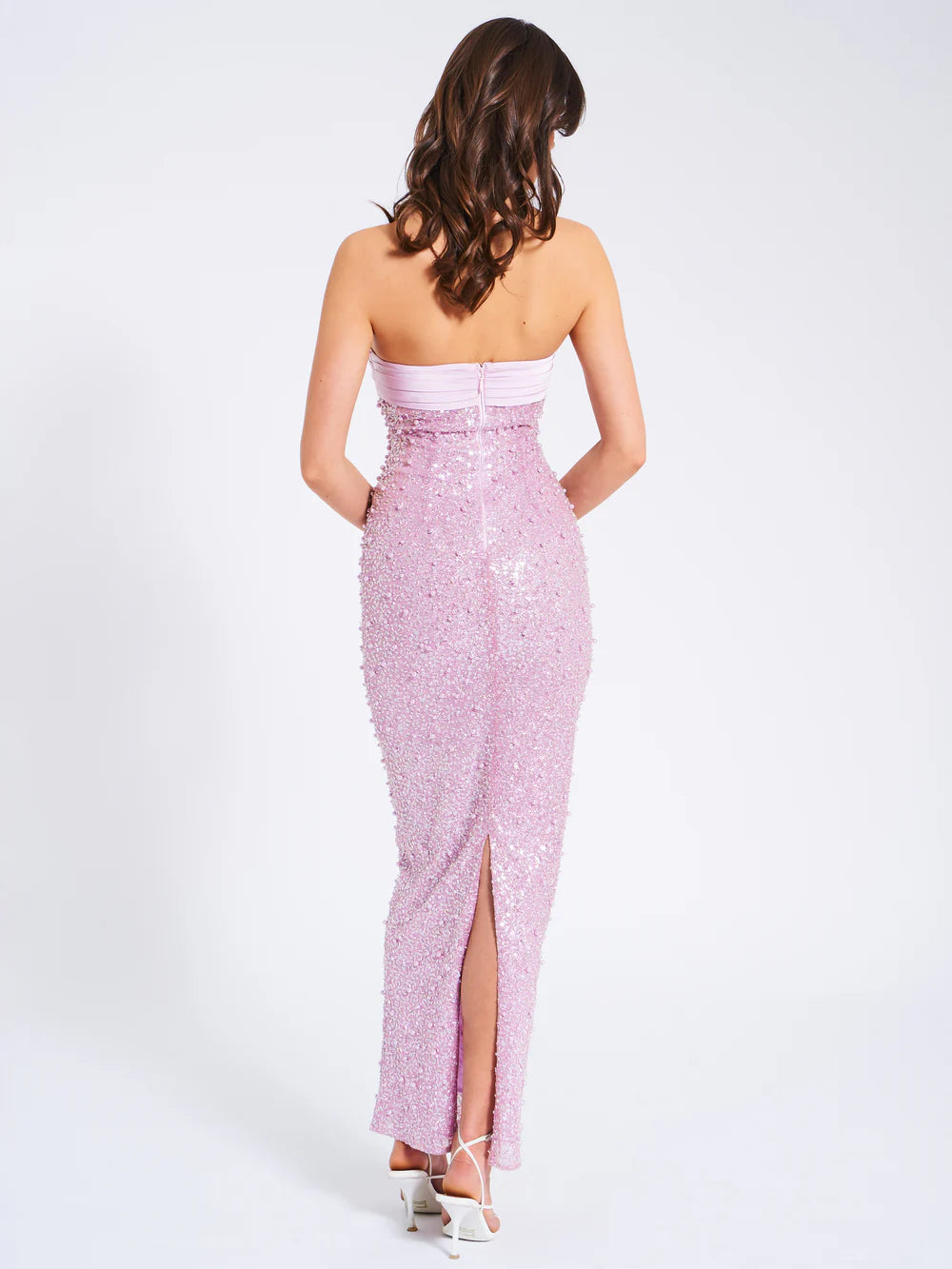 Léonora Purple Satin Sequin Pearls Beaded Maxi Dress