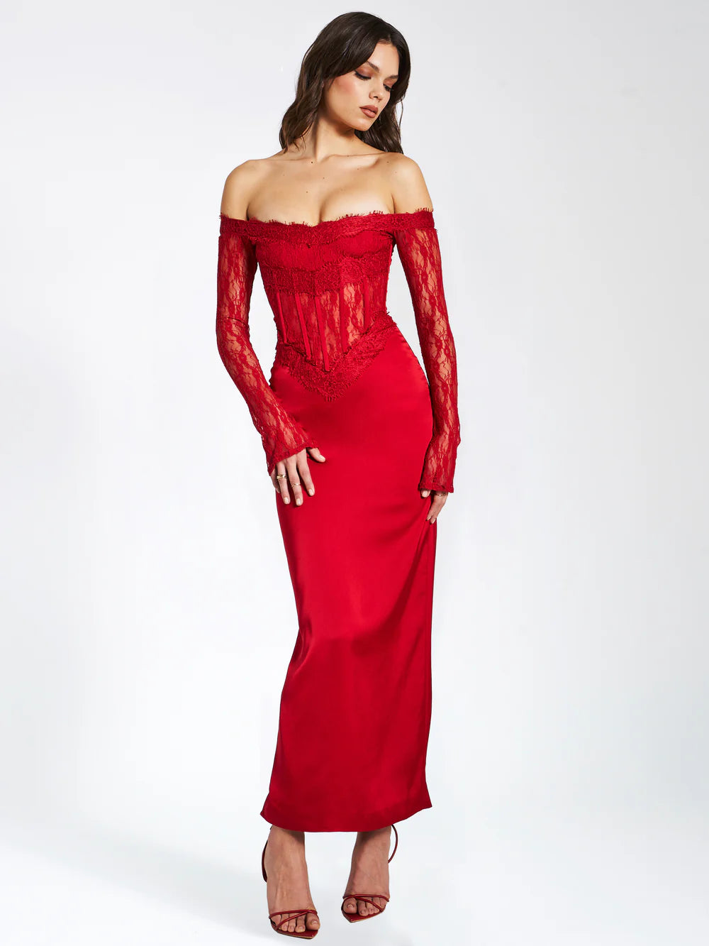 Eva Red Lace Satin Corset Maxi Dress