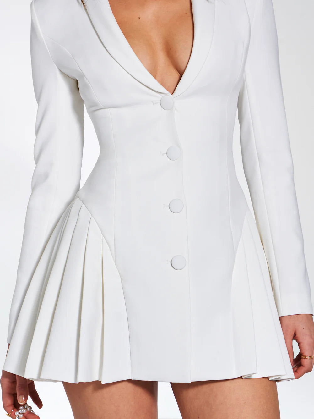 Riva White Blazer Dress with Pleated Detail