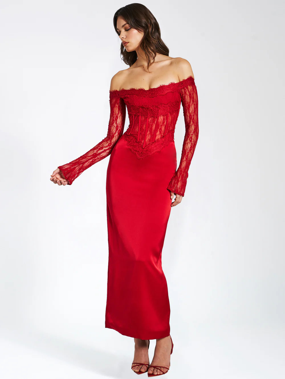 Eva Red Lace Satin Corset Maxi Dress