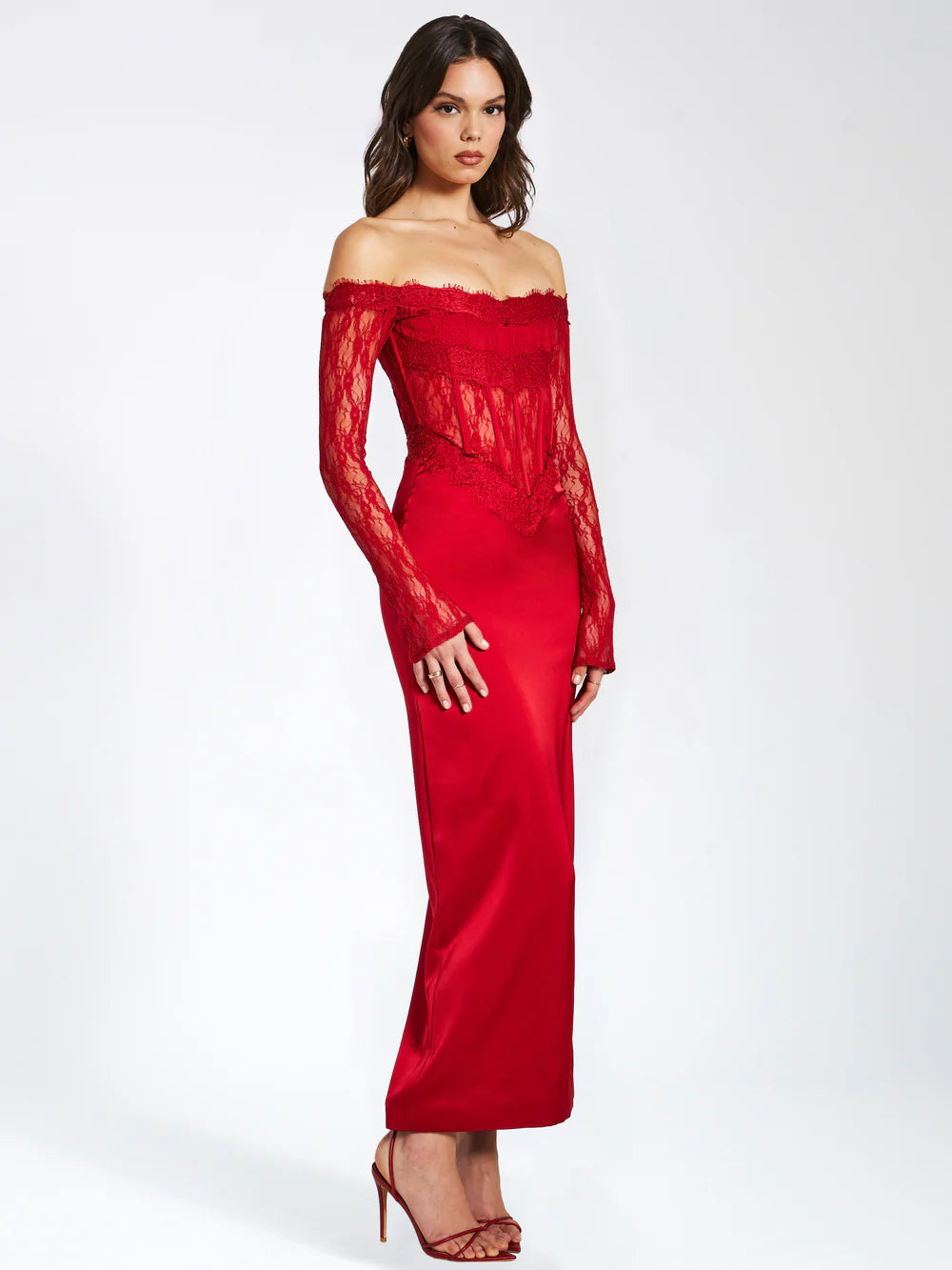 Eva Red Lace Satin Corset Maxi Dress