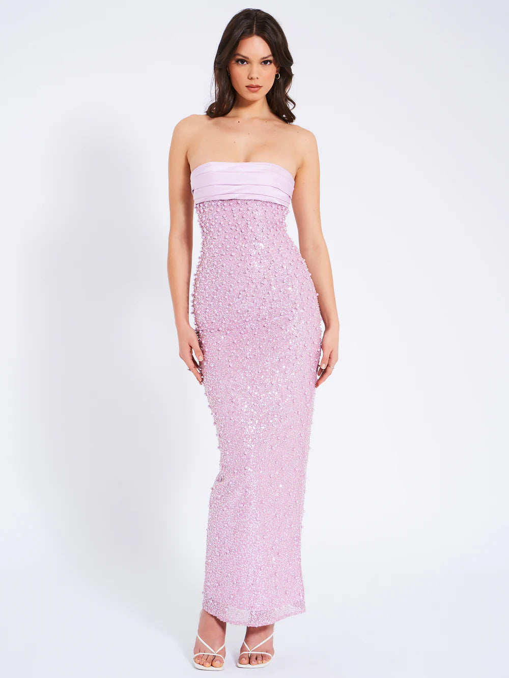 Léonora Purple Satin Sequin Pearls Beaded Maxi Dress