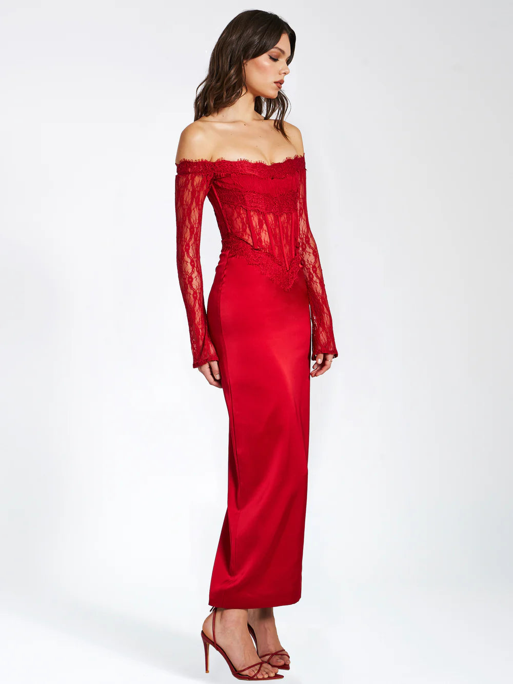 Eva Red Lace Satin Corset Maxi Dress