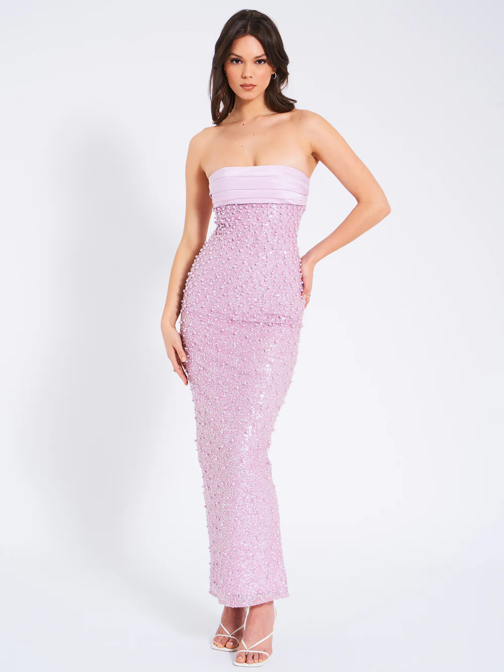 Léonora Purple Satin Sequin Pearls Beaded Maxi Dress