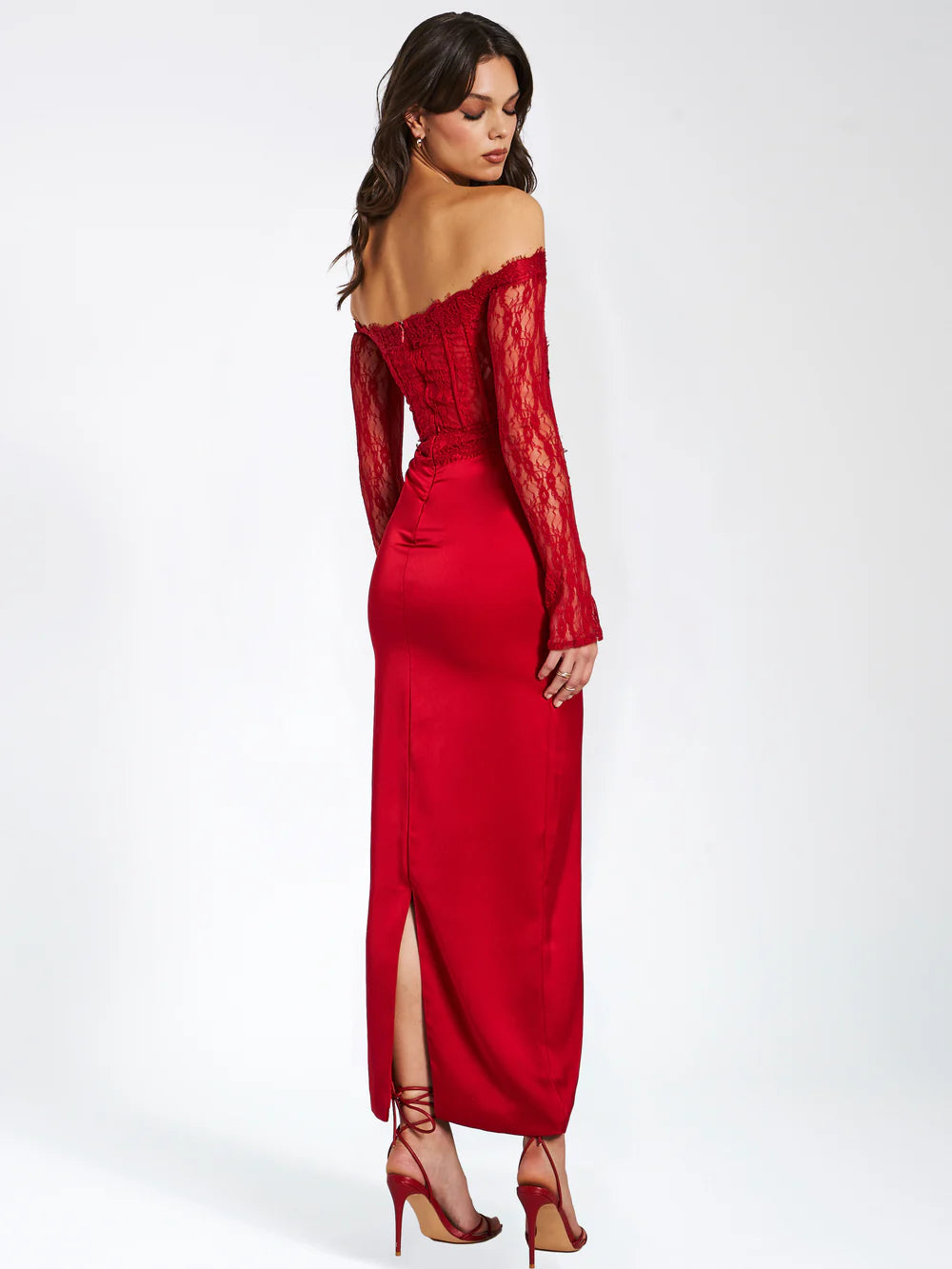 Eva Red Lace Satin Corset Maxi Dress