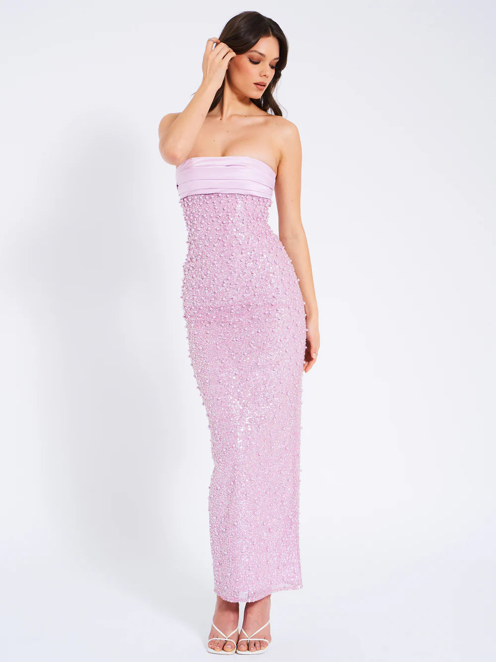 Léonora Purple Satin Sequin Pearls Beaded Maxi Dress