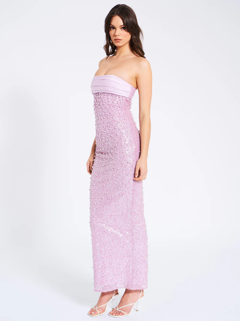 Léonora Purple Satin Sequin Pearls Beaded Maxi Dress