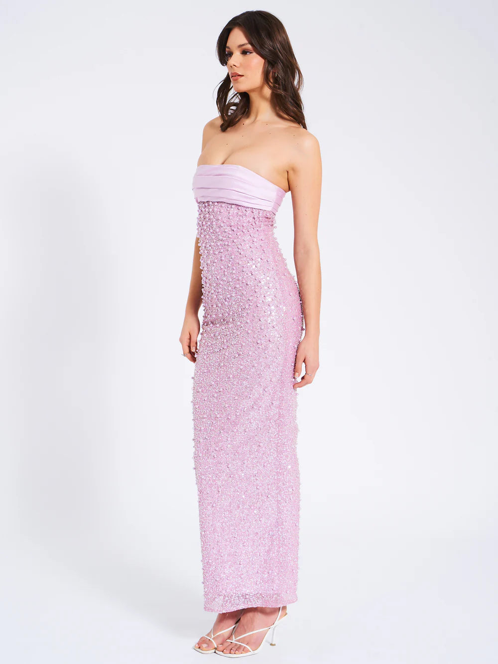 Léonora Purple Satin Sequin Pearls Beaded Maxi Dress