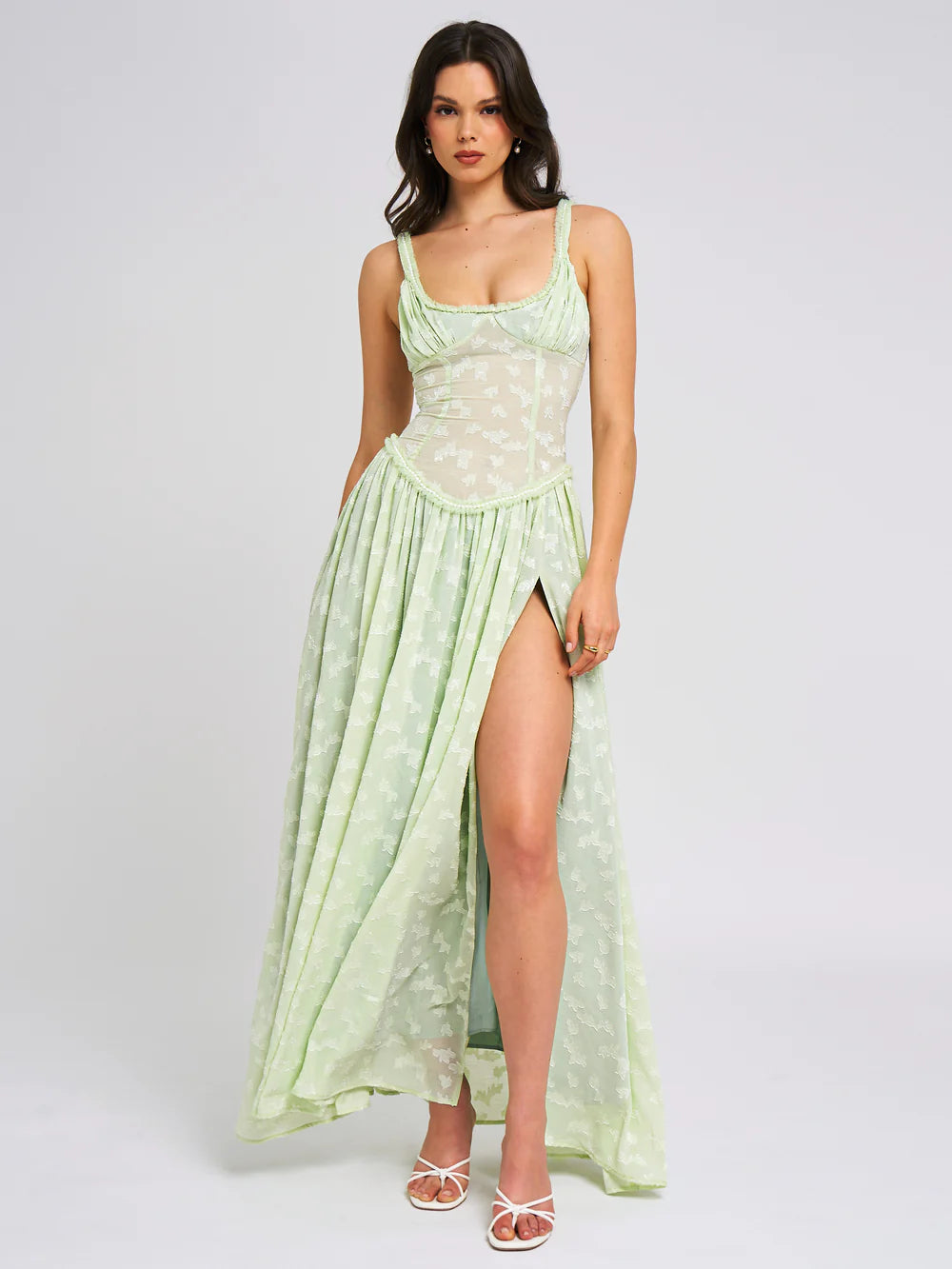 Zara Light Green Square Neck Jacquard Textured High Slit Maxi Dress