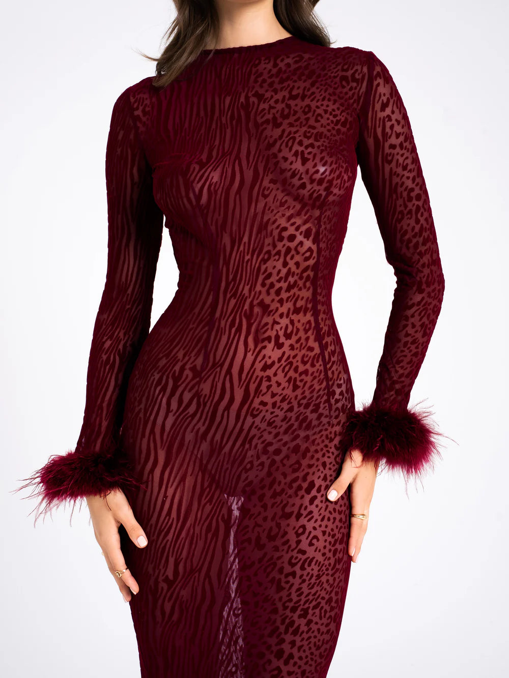 Leopard Velvet Mesh Backless Maxi Dress Dark Wine