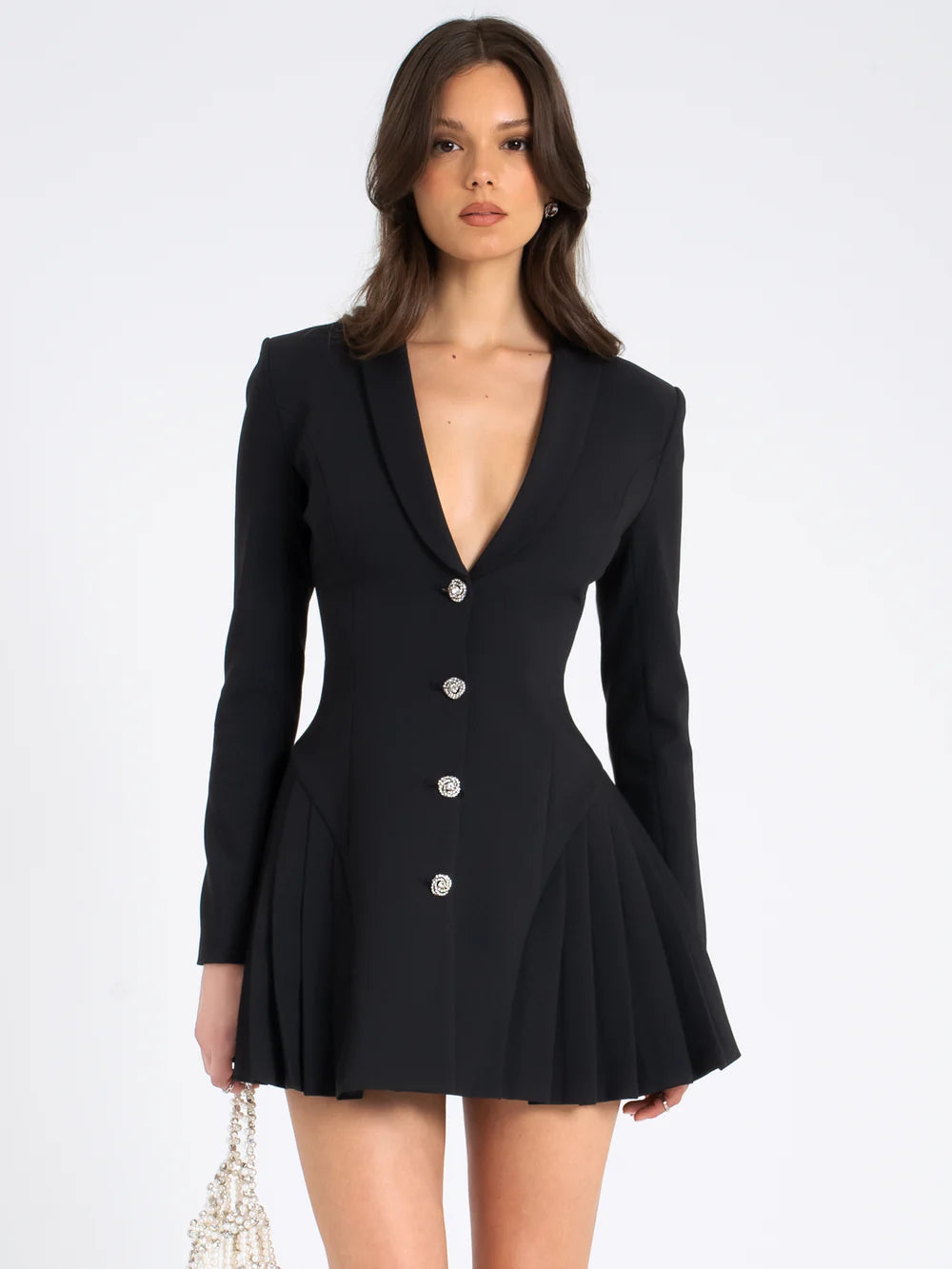 Baptista Black Blazer Mini Dress with Crystal Button and Pleated Detail