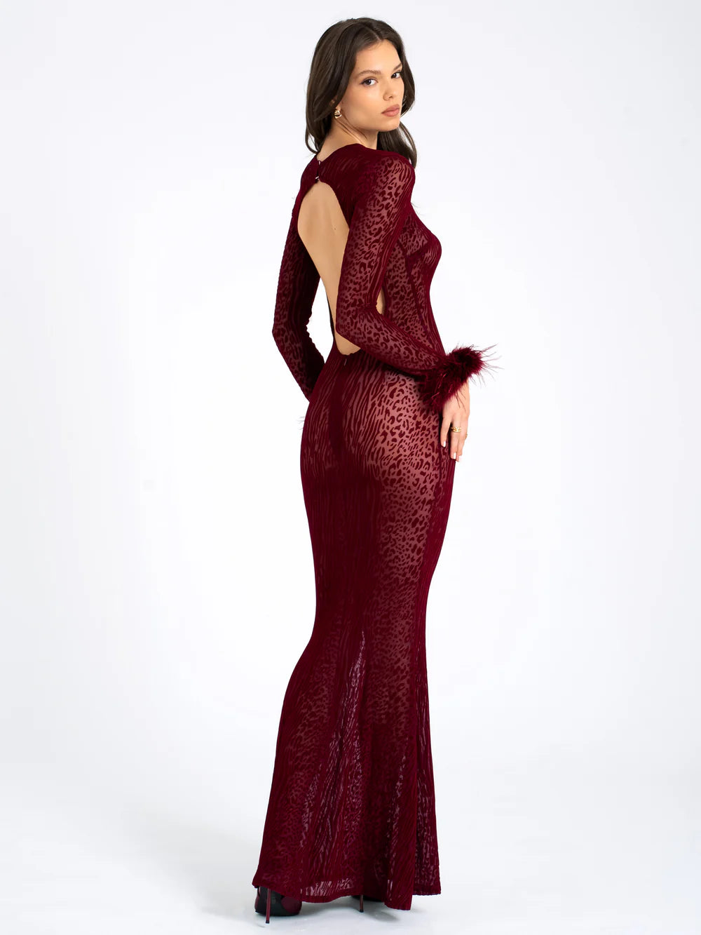 Leopard Velvet Mesh Backless Maxi Dress Dark Wine