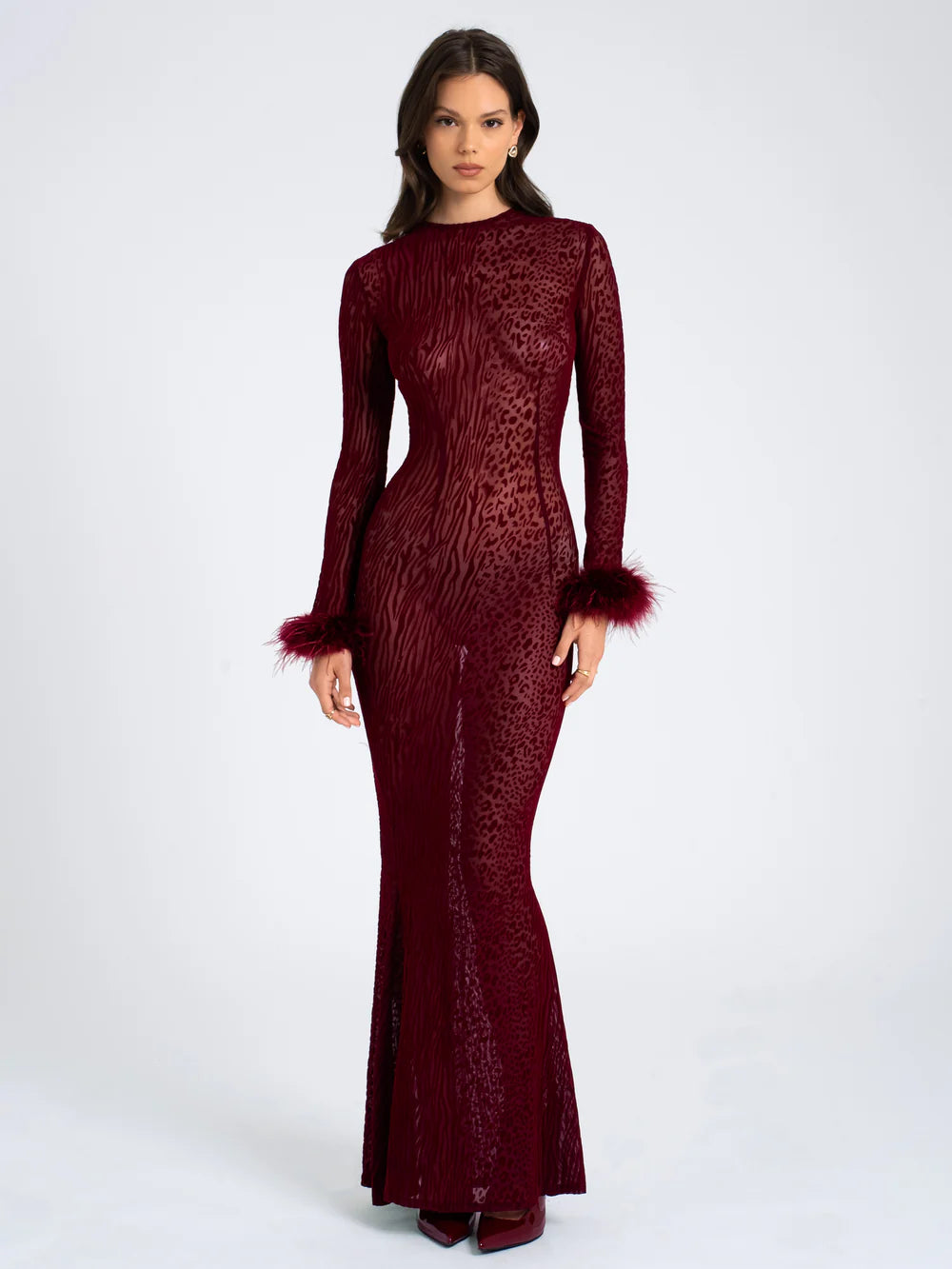 Leopard Velvet Mesh Backless Maxi Dress Dark Wine