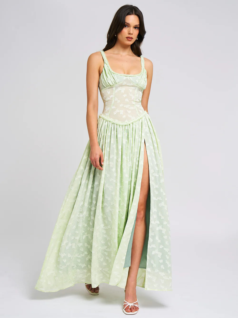 Zara Light Green Square Neck Jacquard Textured High Slit Maxi Dress