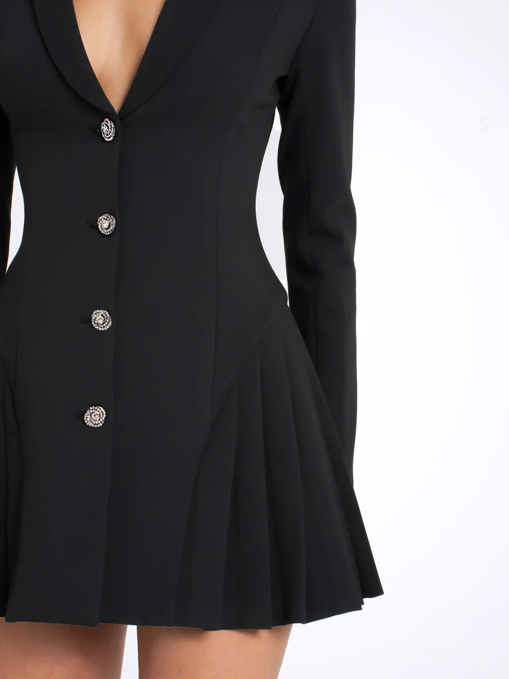 Baptista Black Blazer Mini Dress with Crystal Button and Pleated Detail