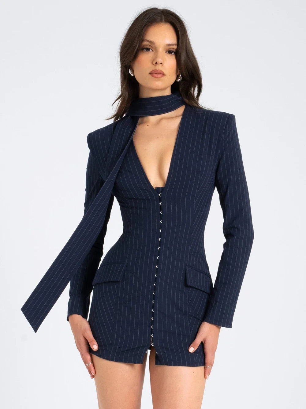 COCO Deep V Navy Blue Blazer Dress with scarf collar