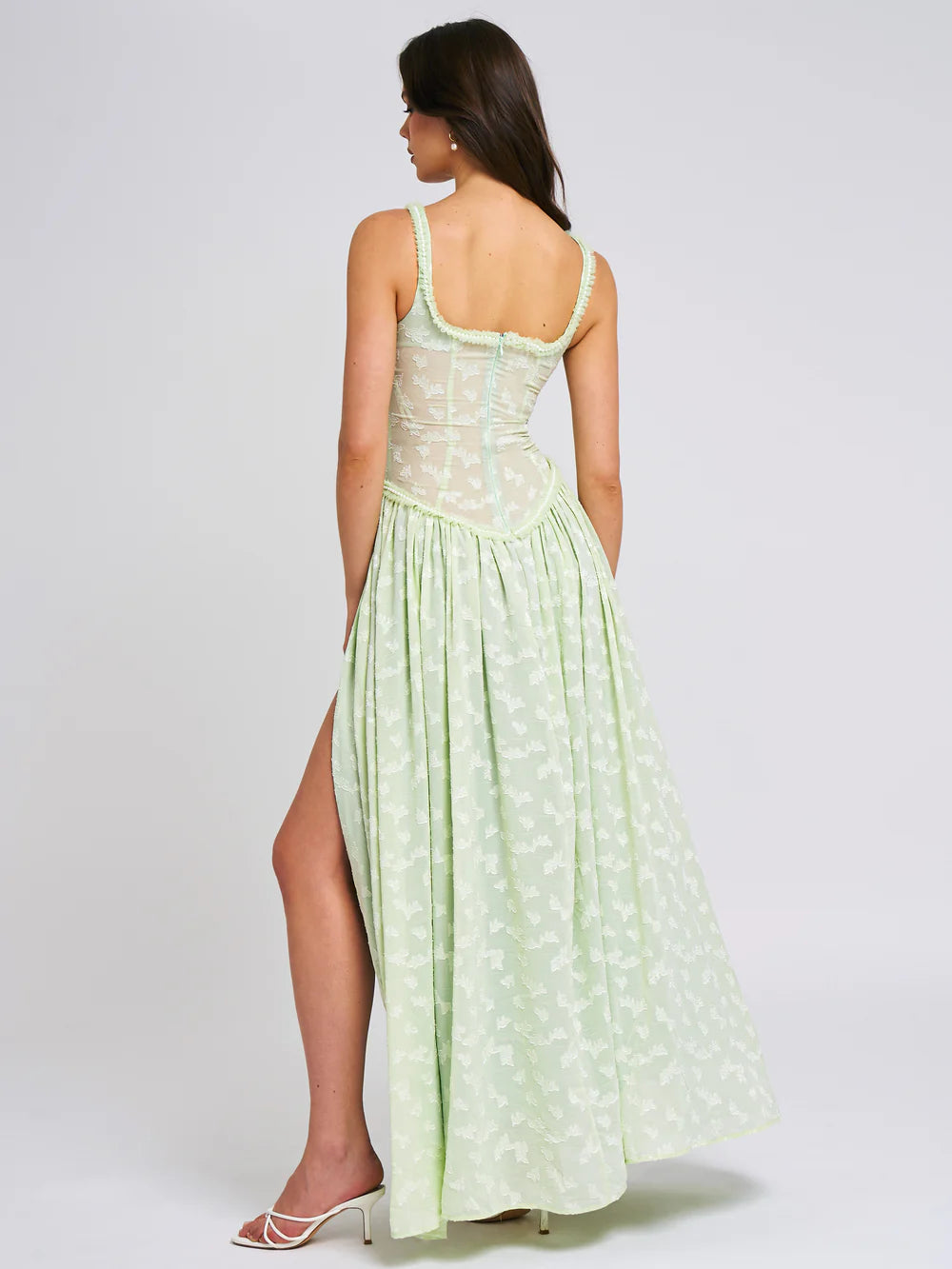 Zara Light Green Square Neck Jacquard Textured High Slit Maxi Dress