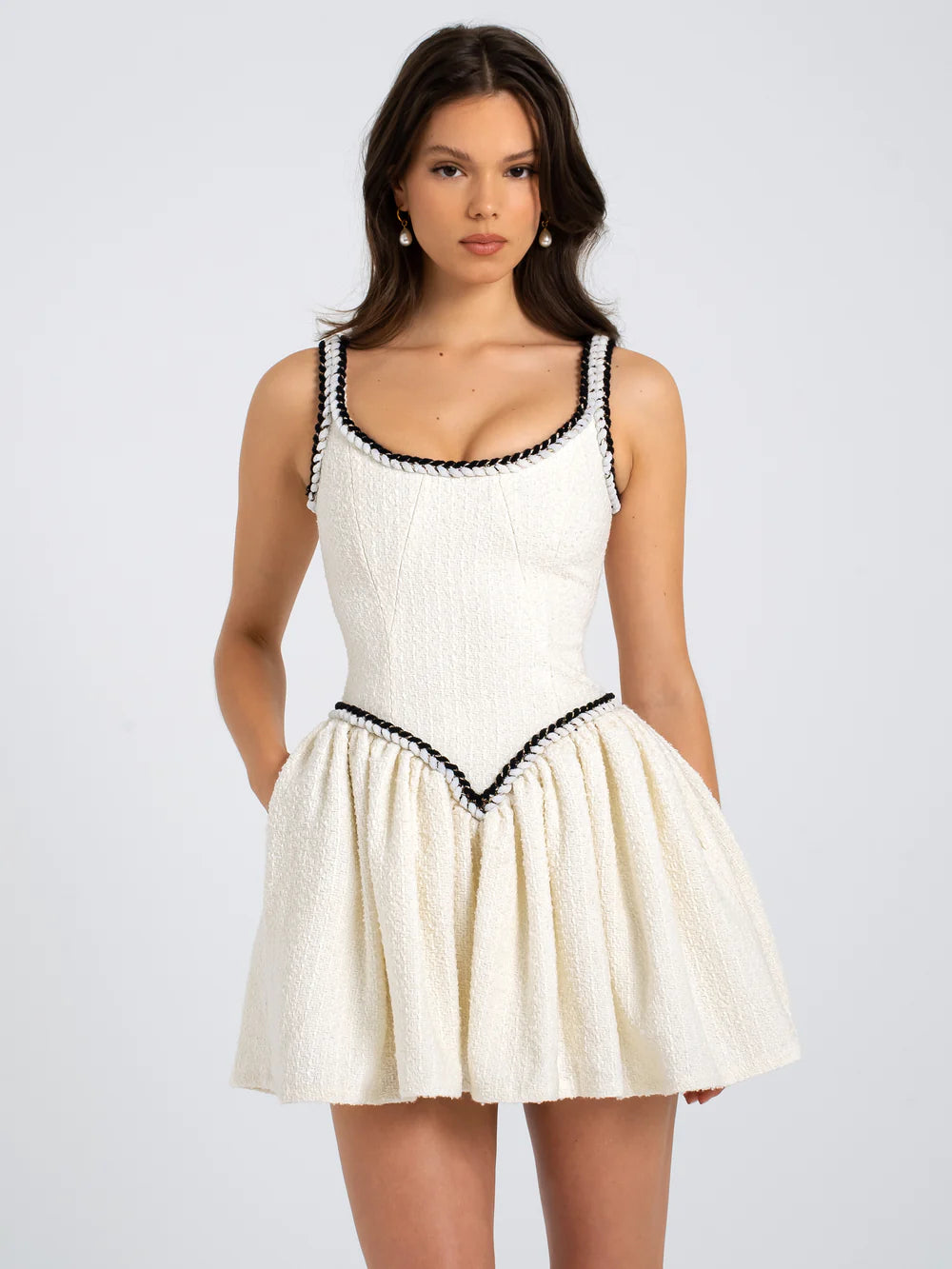 Uneke White Boucle Tweed V Waist Mini Dress