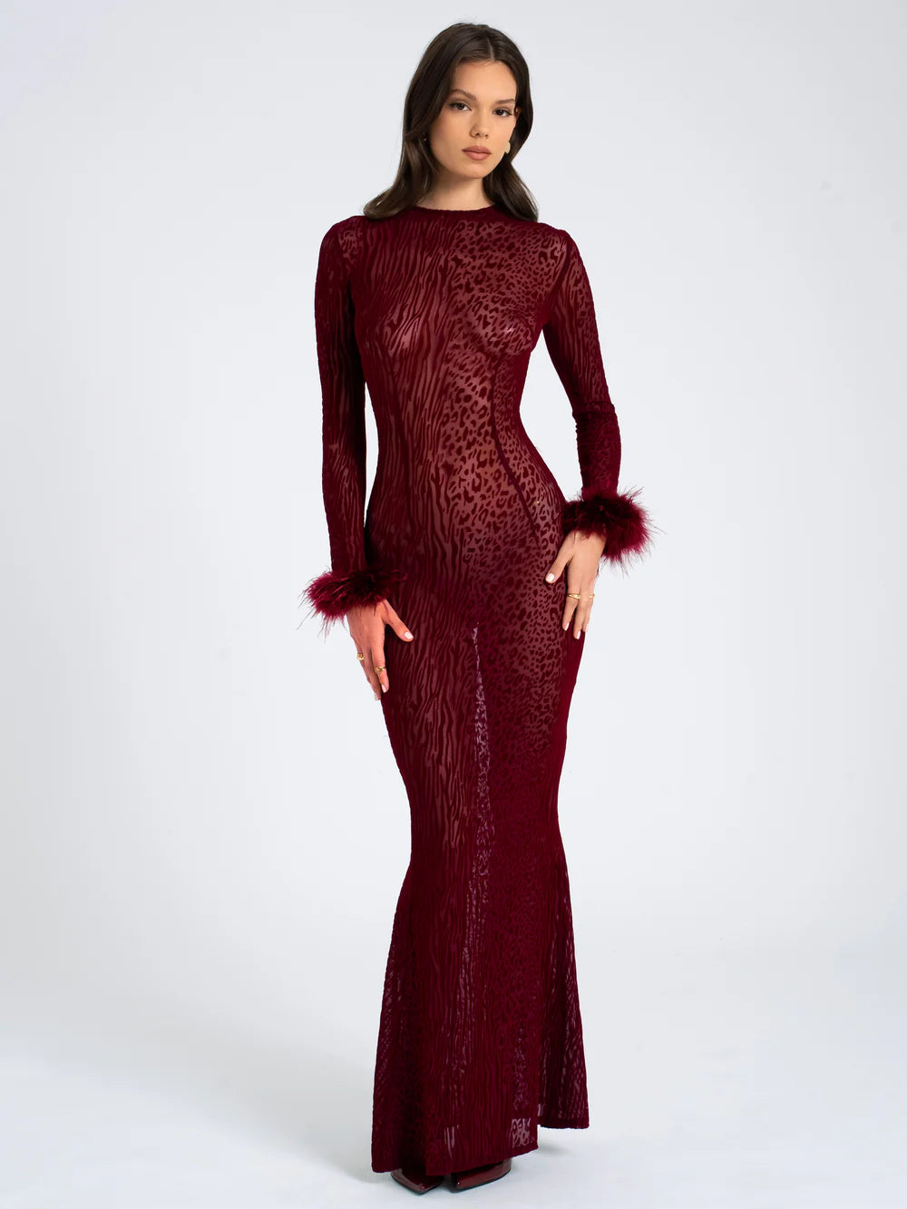 Leopard Velvet Mesh Backless Maxi Dress Dark Wine