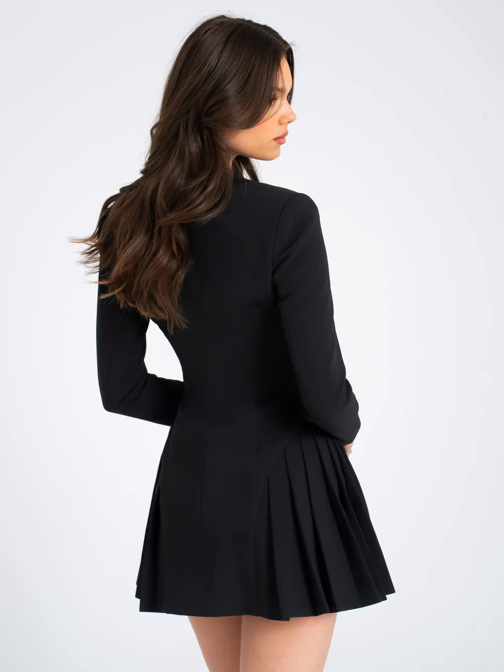 Baptista Black Blazer Mini Dress with Crystal Button and Pleated Detail