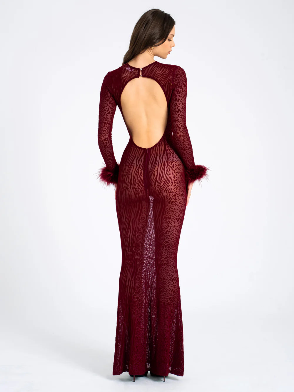 Leopard Velvet Mesh Backless Maxi Dress Dark Wine