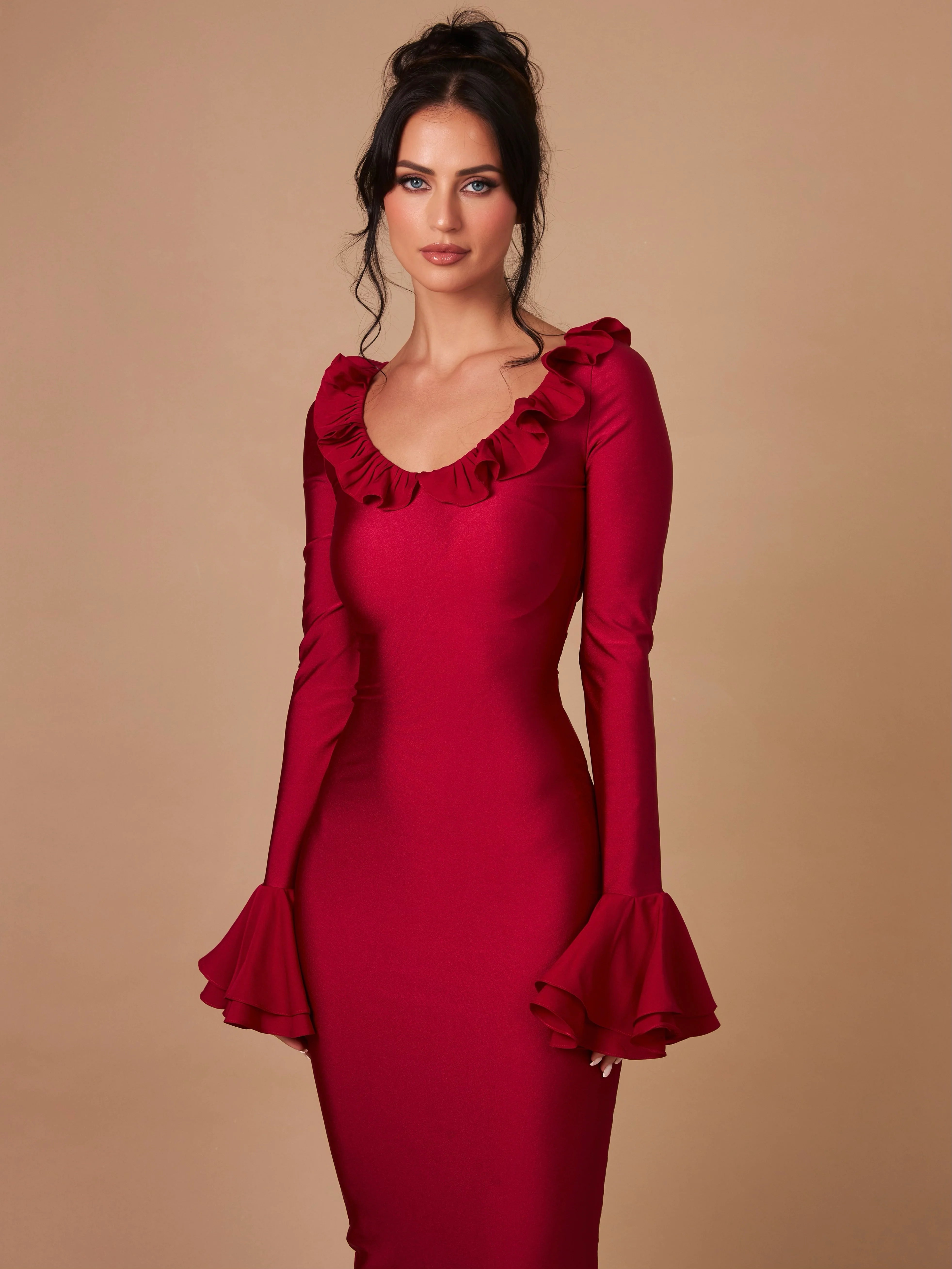 La Cascade Bell Sleeve Dress Cherry