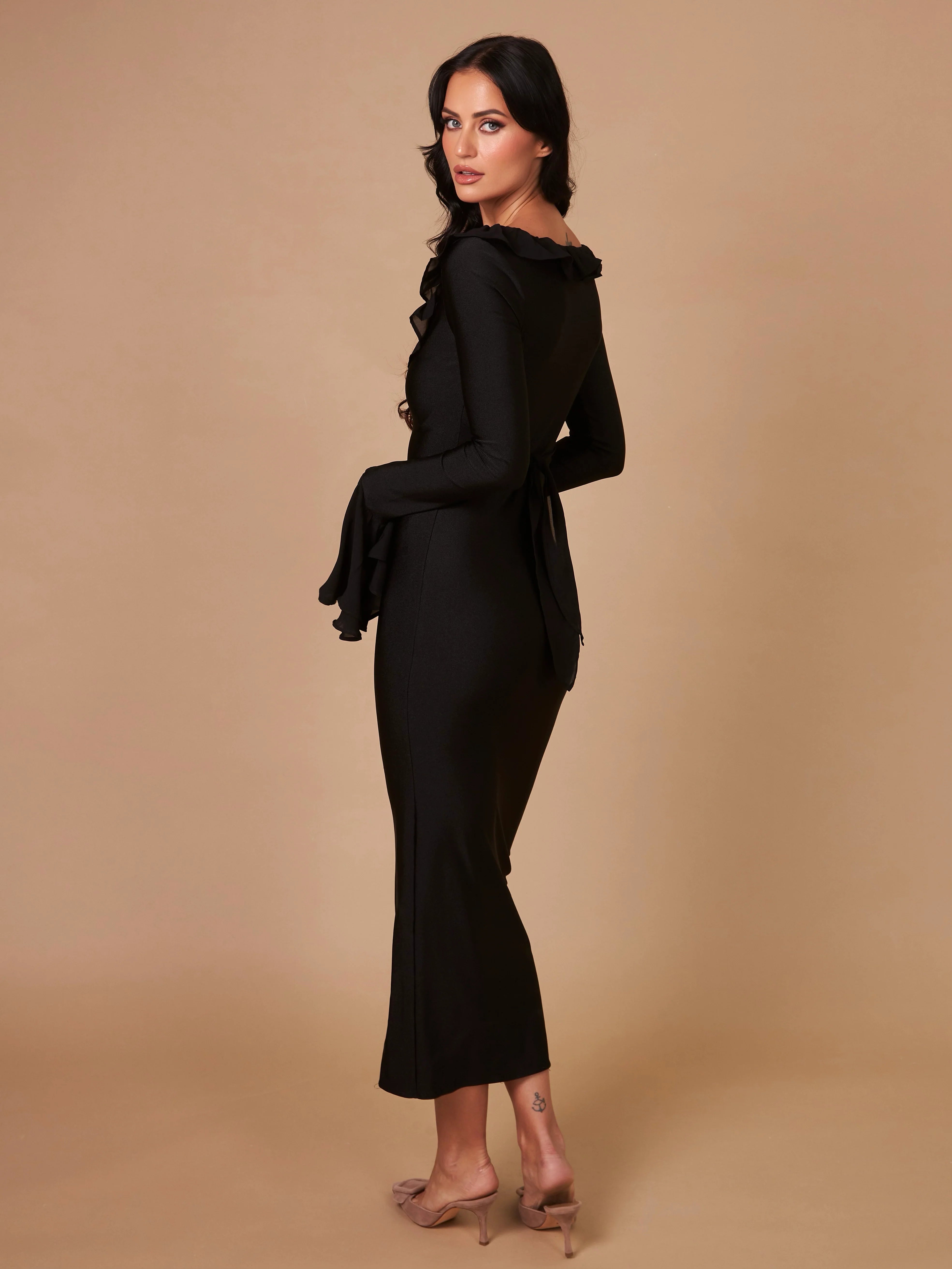 La Cascade Bell Sleeve Dress Black