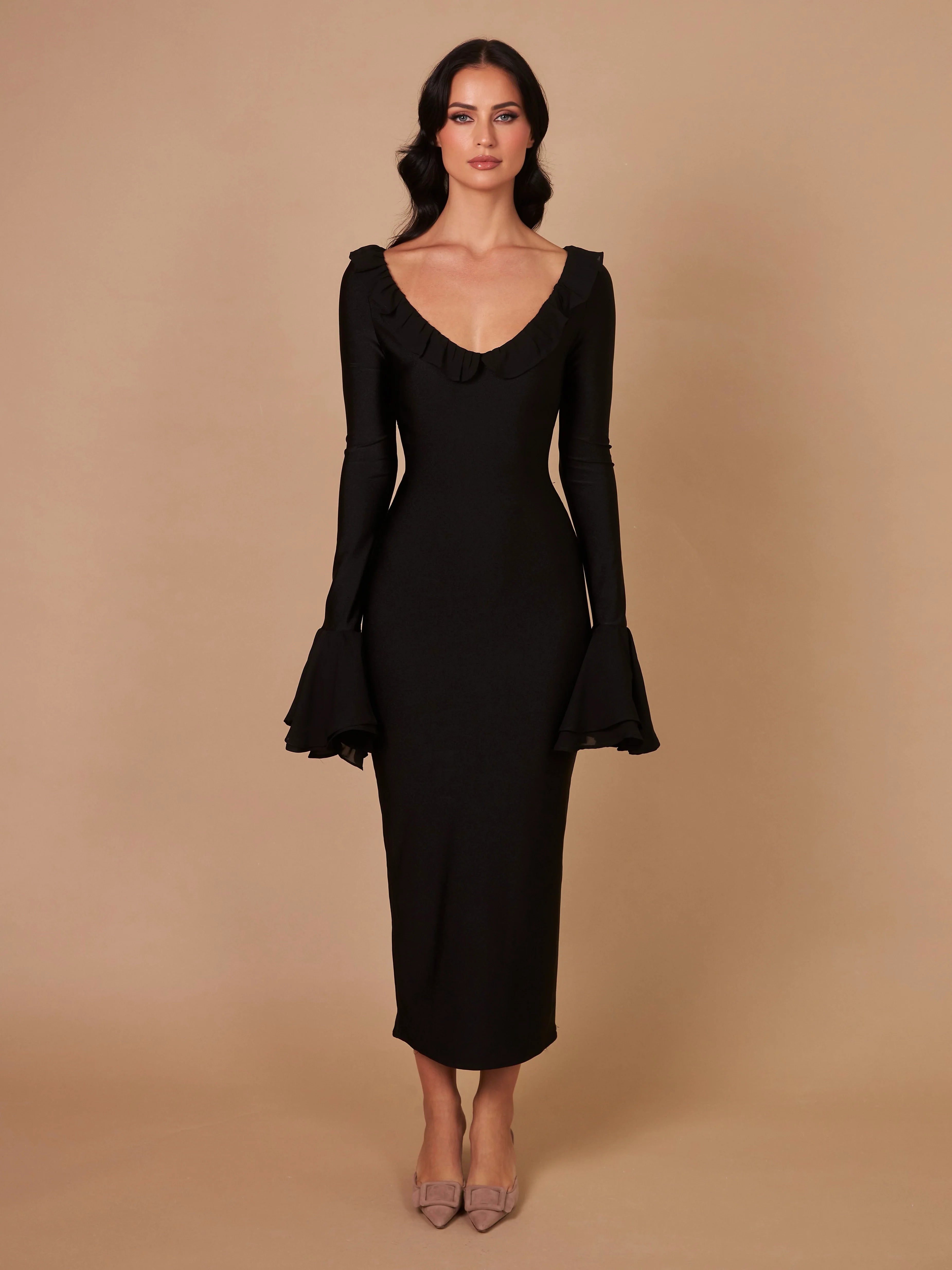 La Cascade Bell Sleeve Dress Black