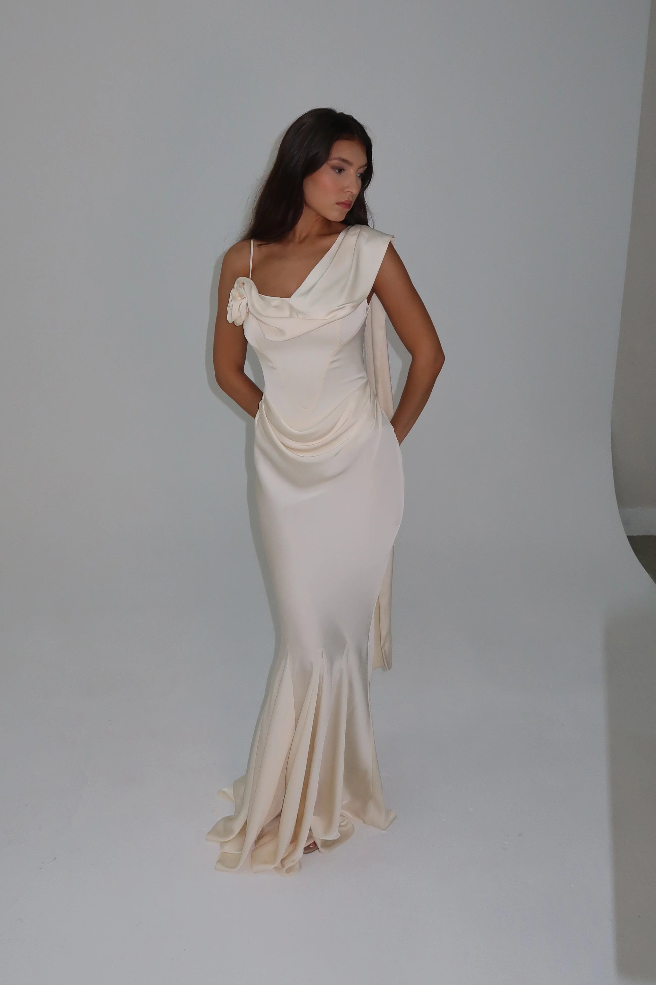 NOEMIE CORSET DRAPE SATIN GOWN IVORY