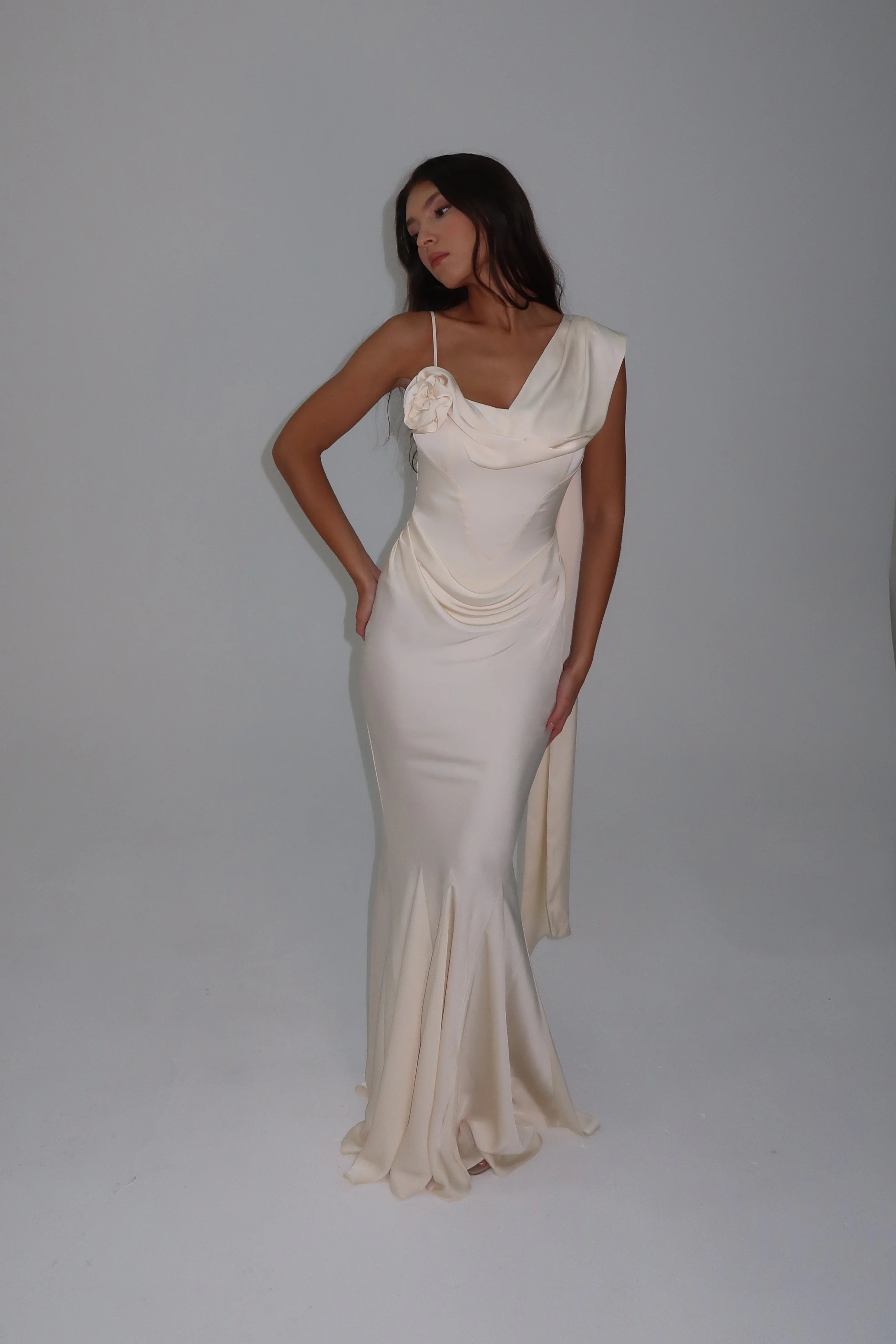 NOEMIE CORSET DRAPE SATIN GOWN IVORY