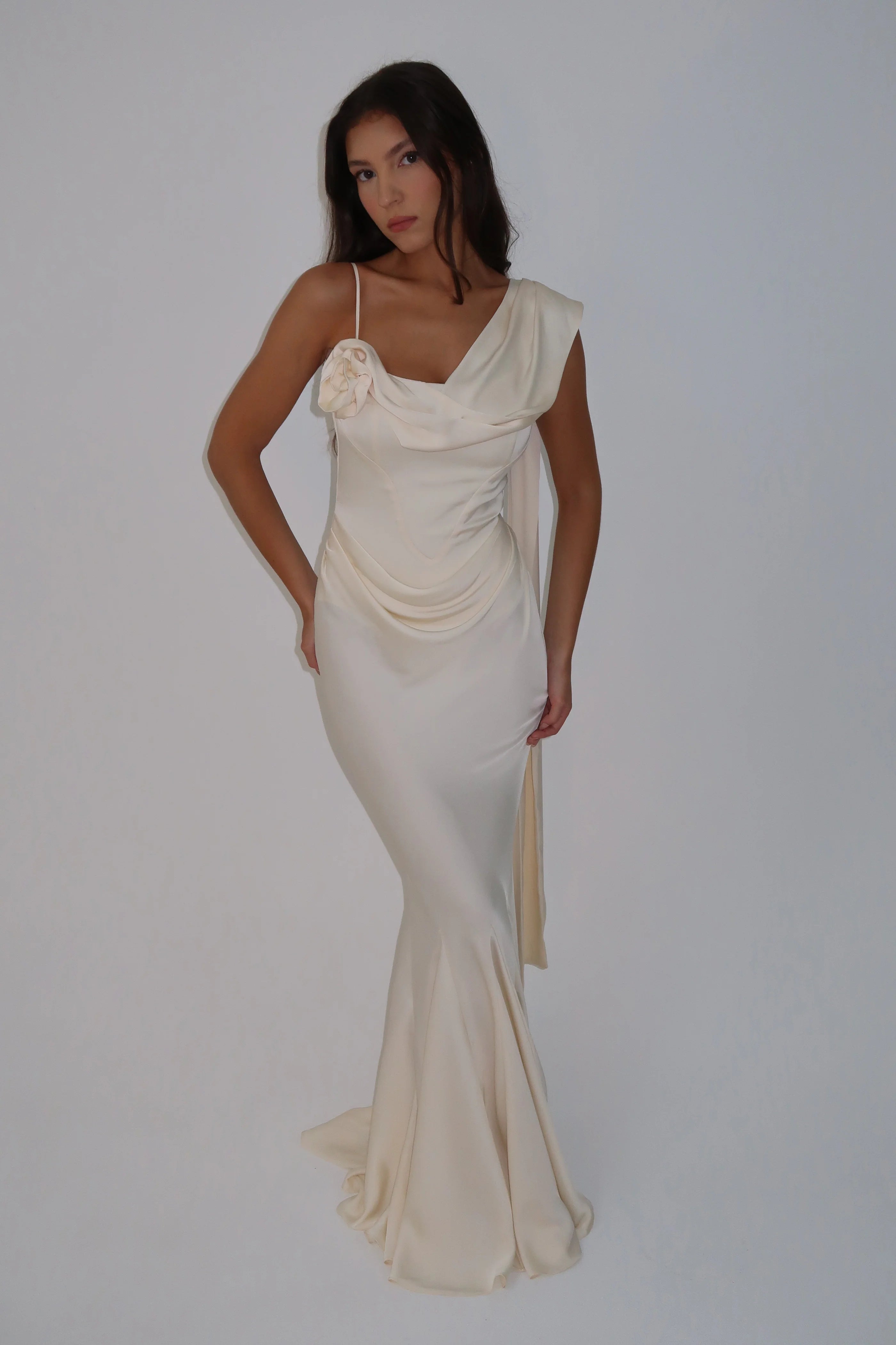 NOEMIE CORSET DRAPE SATIN GOWN IVORY