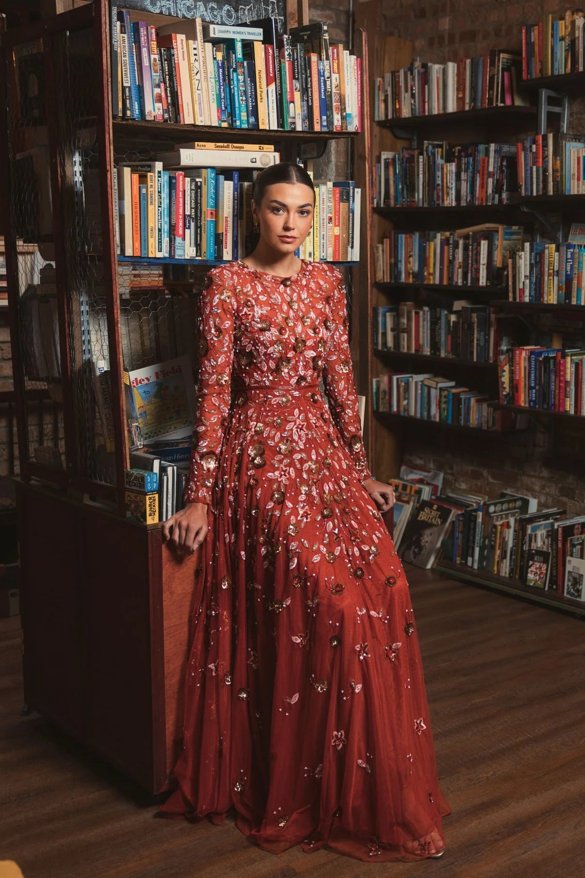 Rich Dark Orange Embellished A-Line Gown With Long Sleeves