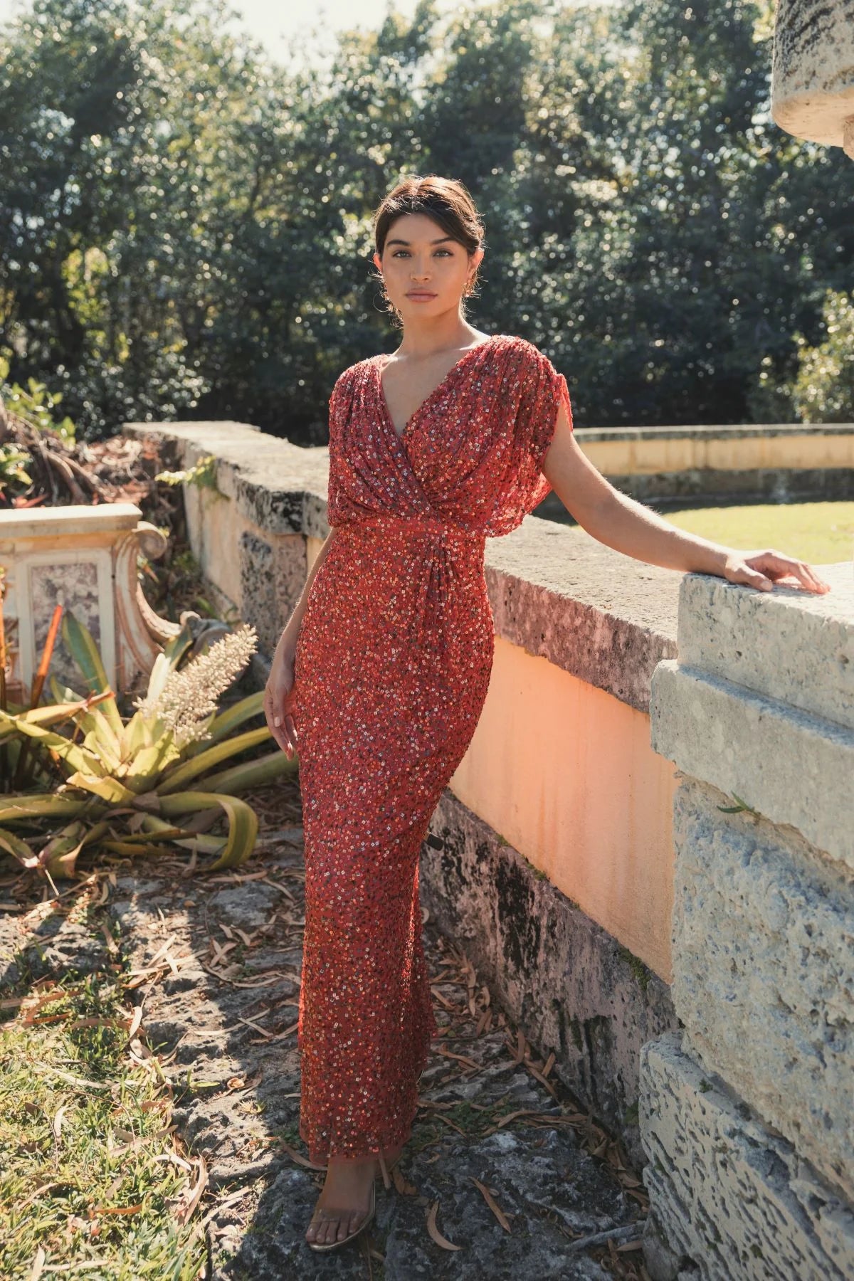 Swathed Sleeve V Neck Gown Red