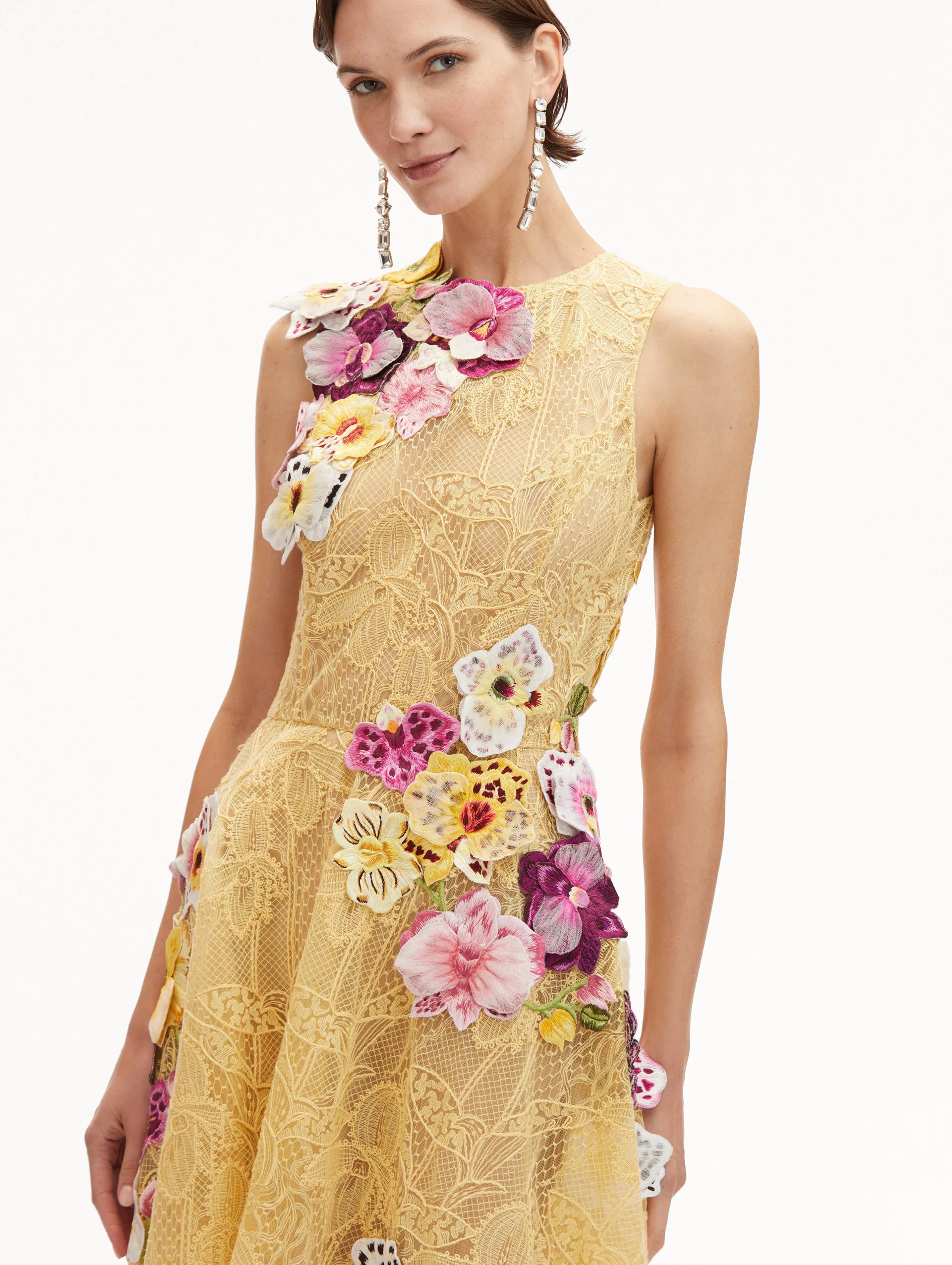 FLORAL EMBROIDERED PICOT LACE MIDI DRESS