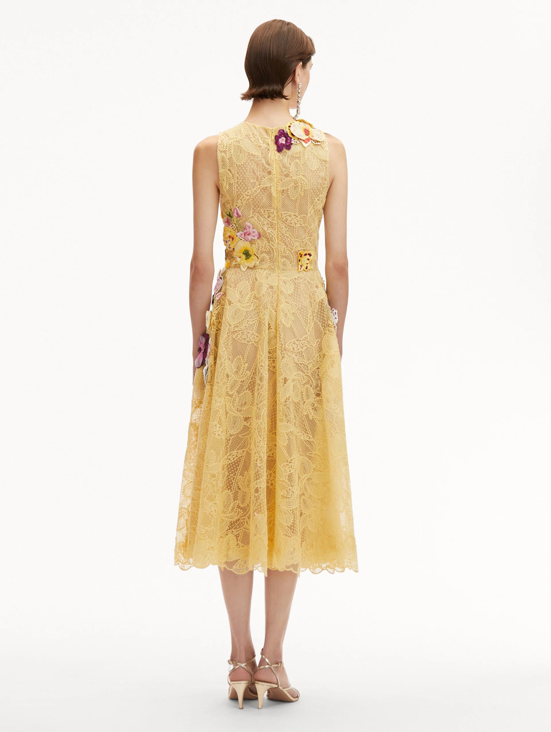 FLORAL EMBROIDERED PICOT LACE MIDI DRESS