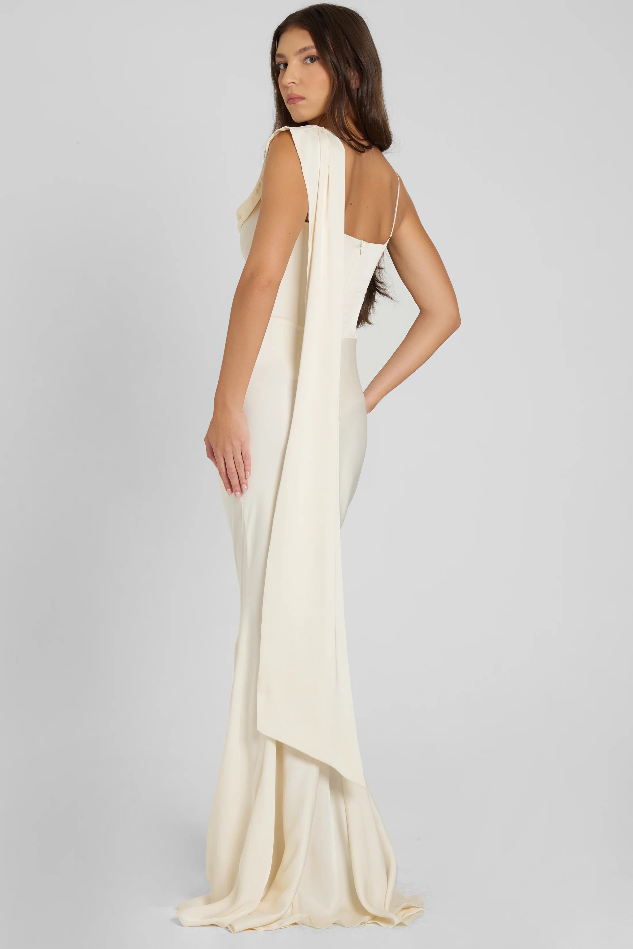 NOEMIE CORSET DRAPE SATIN GOWN IVORY