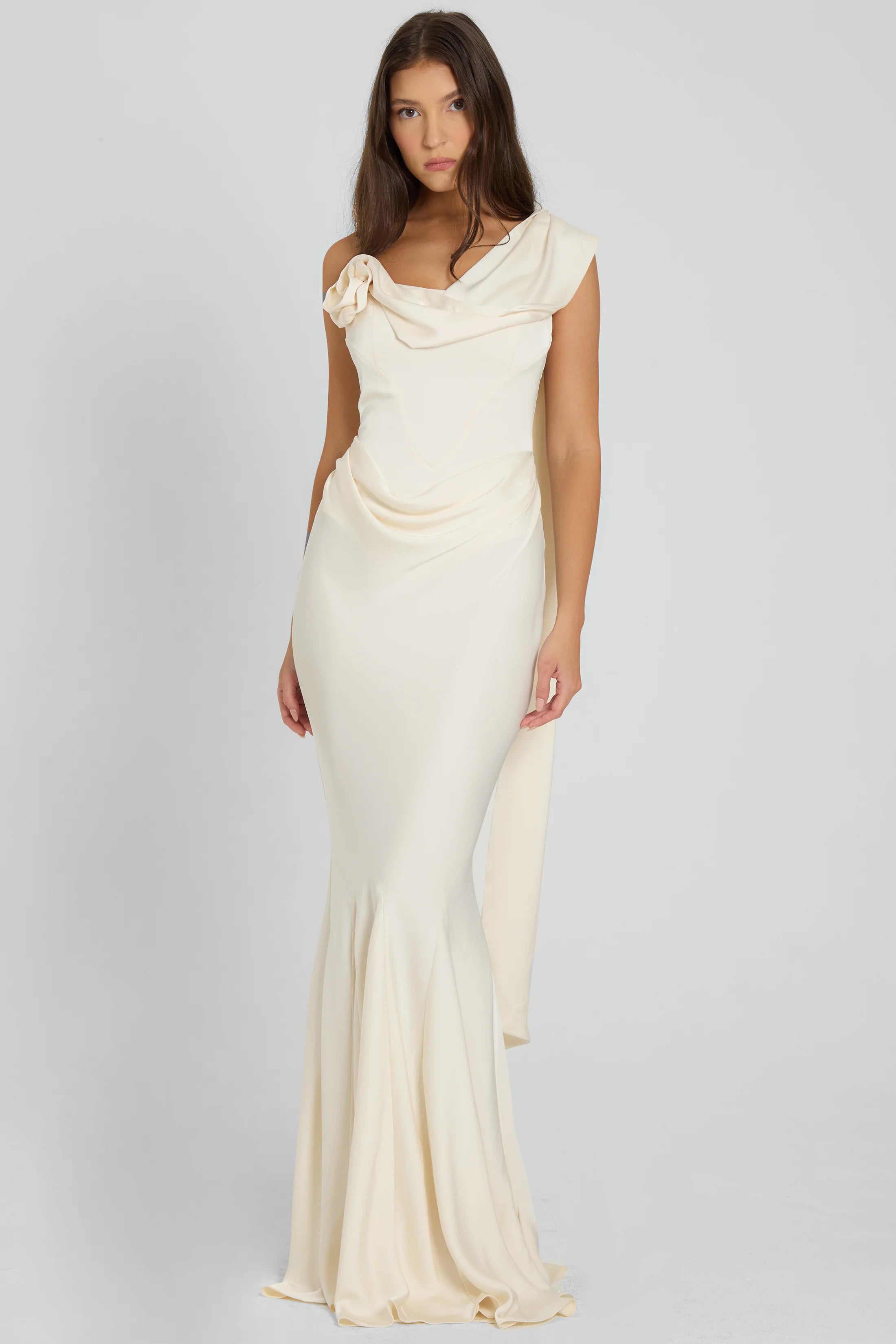 NOEMIE CORSET DRAPE SATIN GOWN IVORY