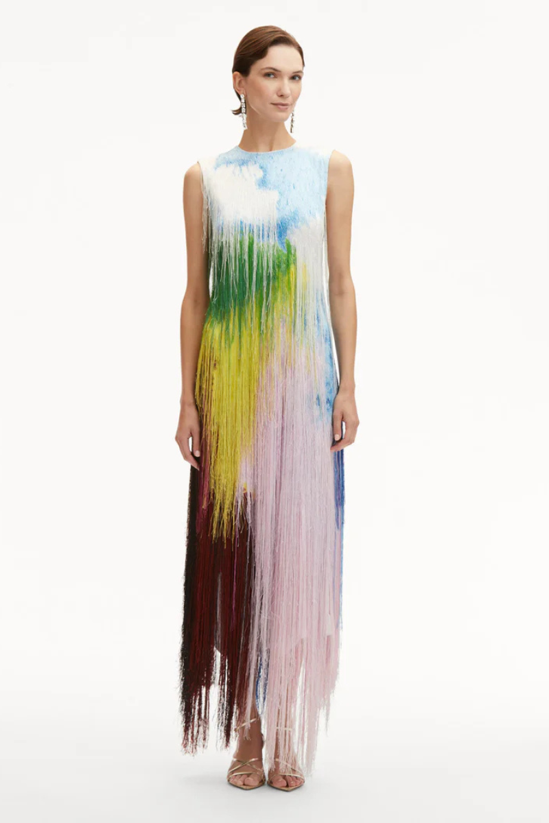 ARTISTIC WATERCOLOR FRINGE COCKTAIL MIDI DRESS