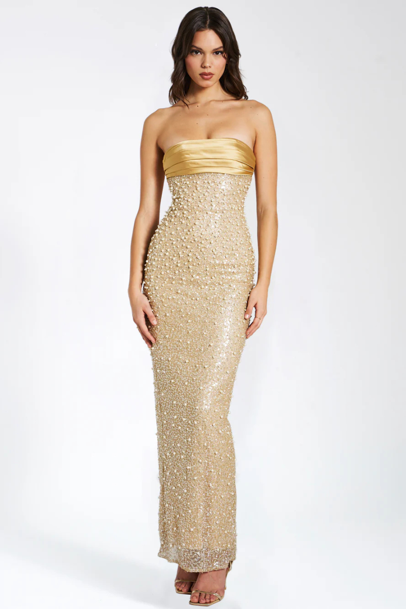 Léonora Gold Pearls Pleated Maxi Dress