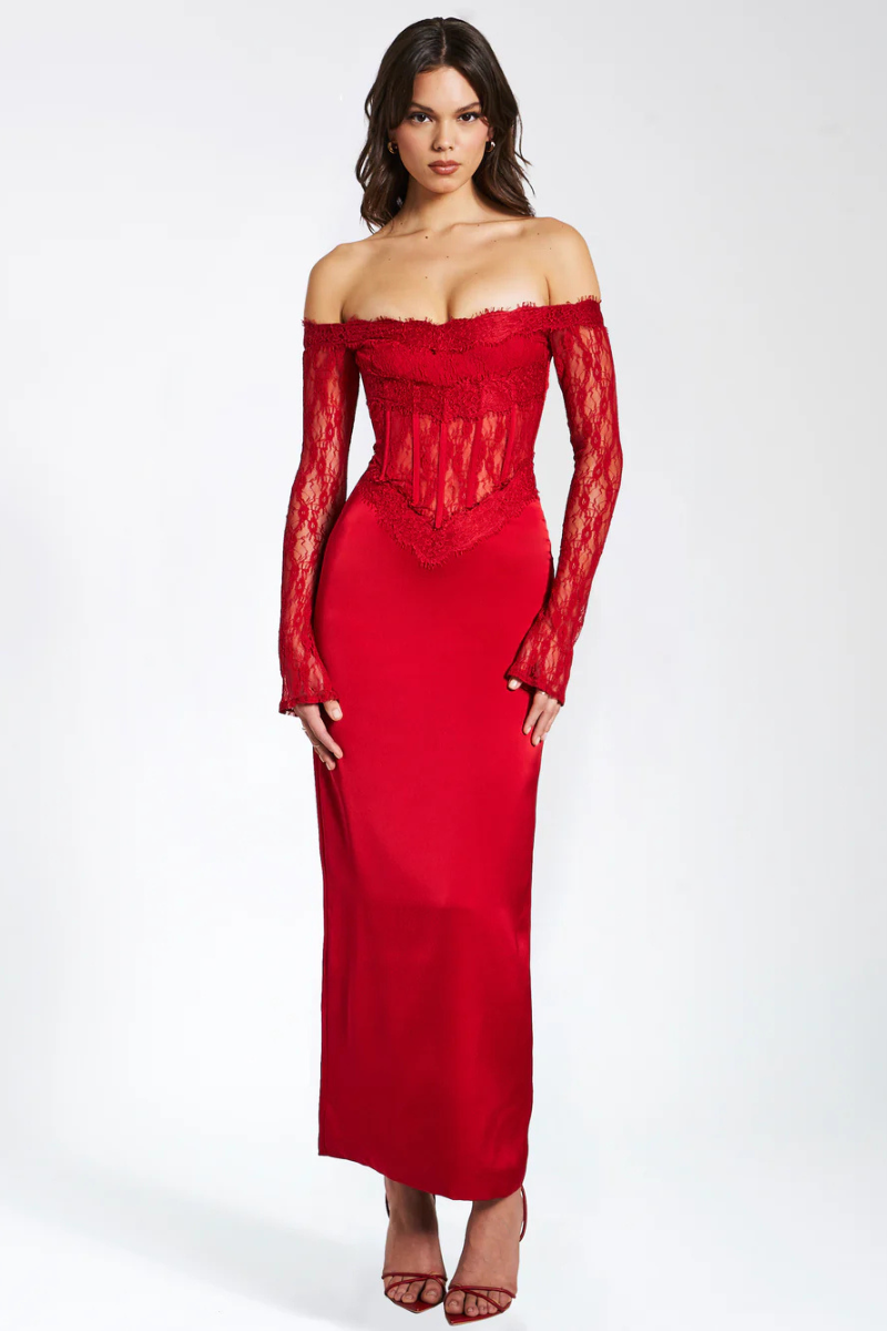 Eva Red Lace Satin Corset Maxi Dress