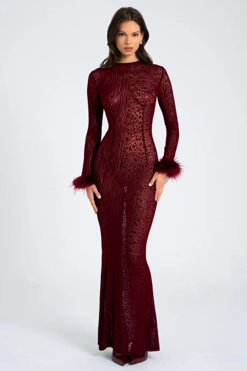 Leopard Velvet Mesh Backless Maxi Dress Dark Wine