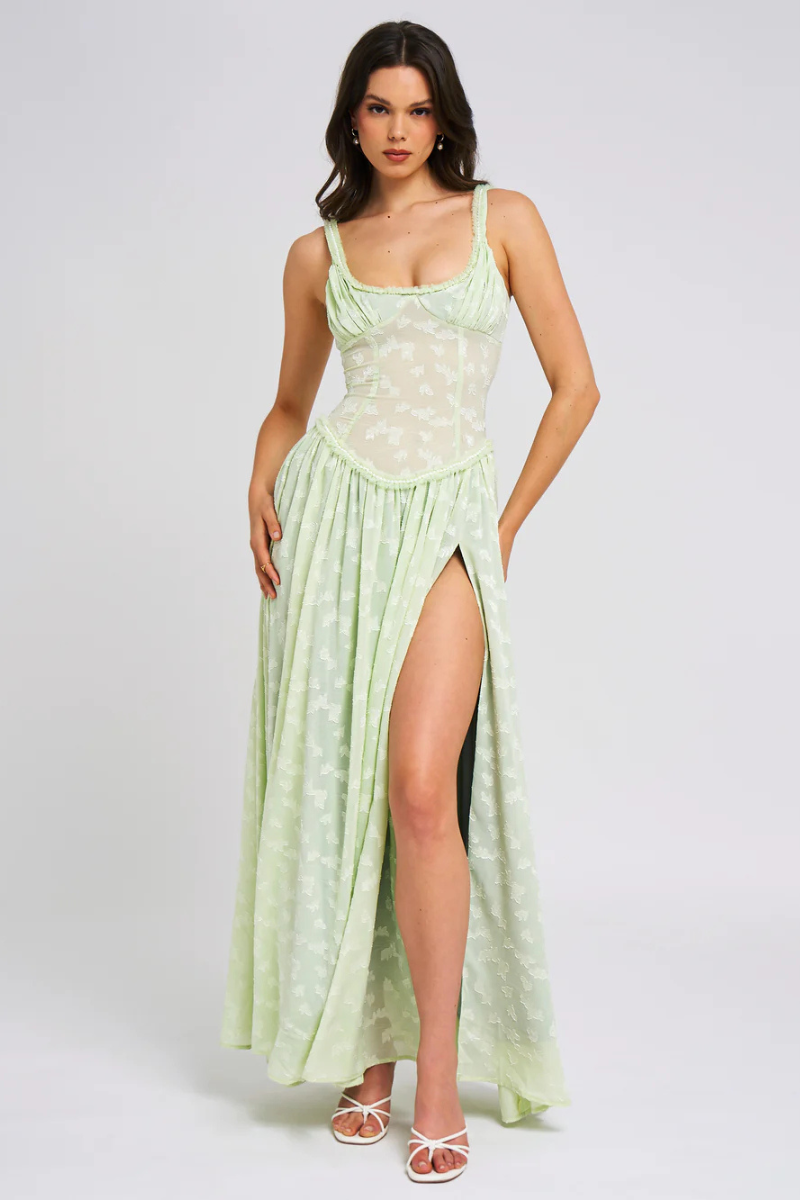 Zara Light Green Square Neck Jacquard Textured High Slit Maxi Dress