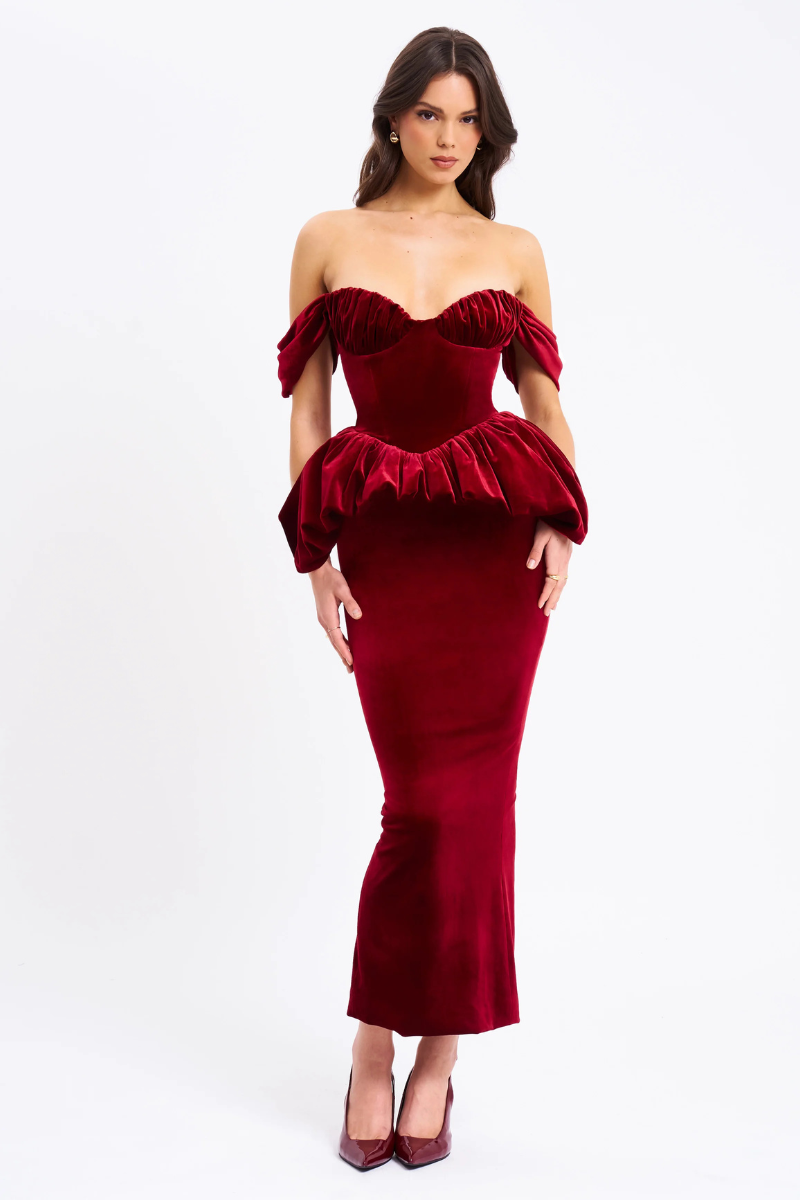 Aurélienne Velvet Off Shoulder Maxi Dress