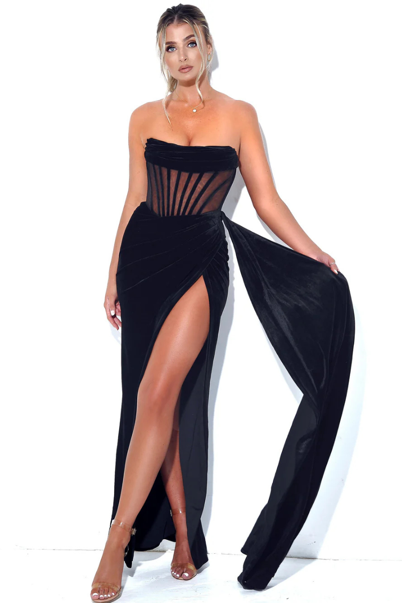 Thais Black Corset High Slit Velvet Gown