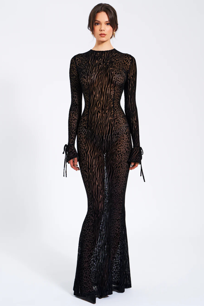 Valeria Black Animal Print Velvet Detail Mesh Backless Maxi Dress