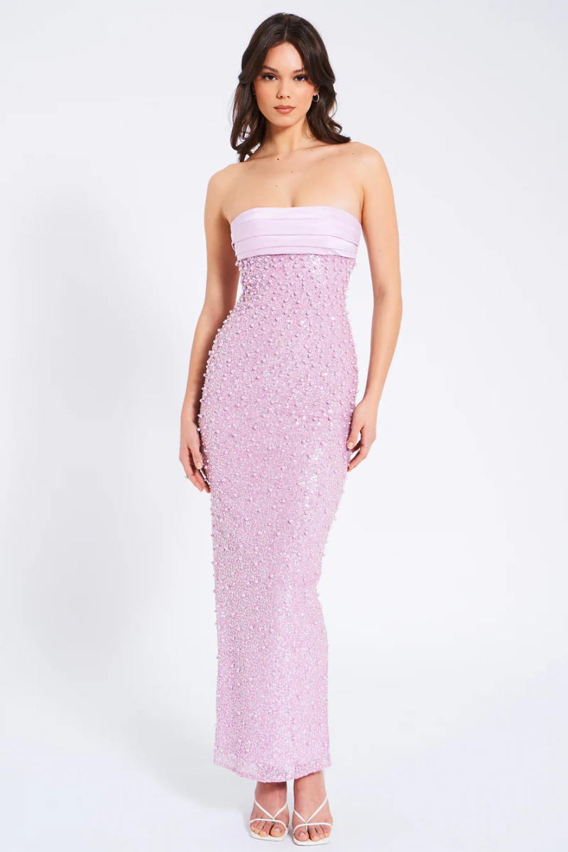 Léonora Purple Satin Sequin Pearls Beaded Maxi Dress