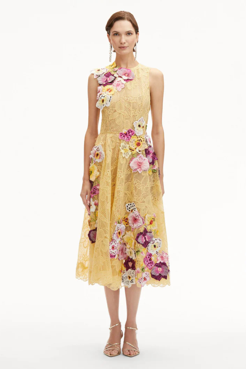 FLORAL EMBROIDERED PICOT LACE MIDI DRESS