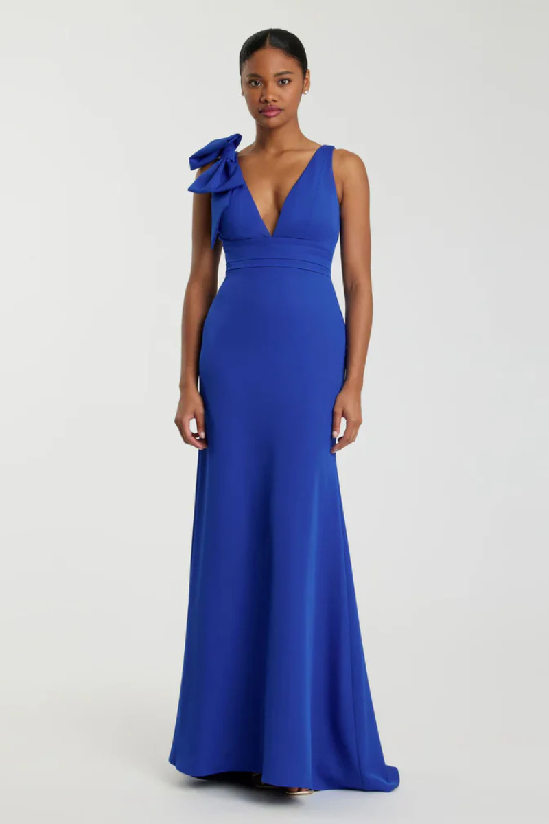 SEA INSPIRED GOWN WITH V-NECK AND BOW DETAIL Dark Blue